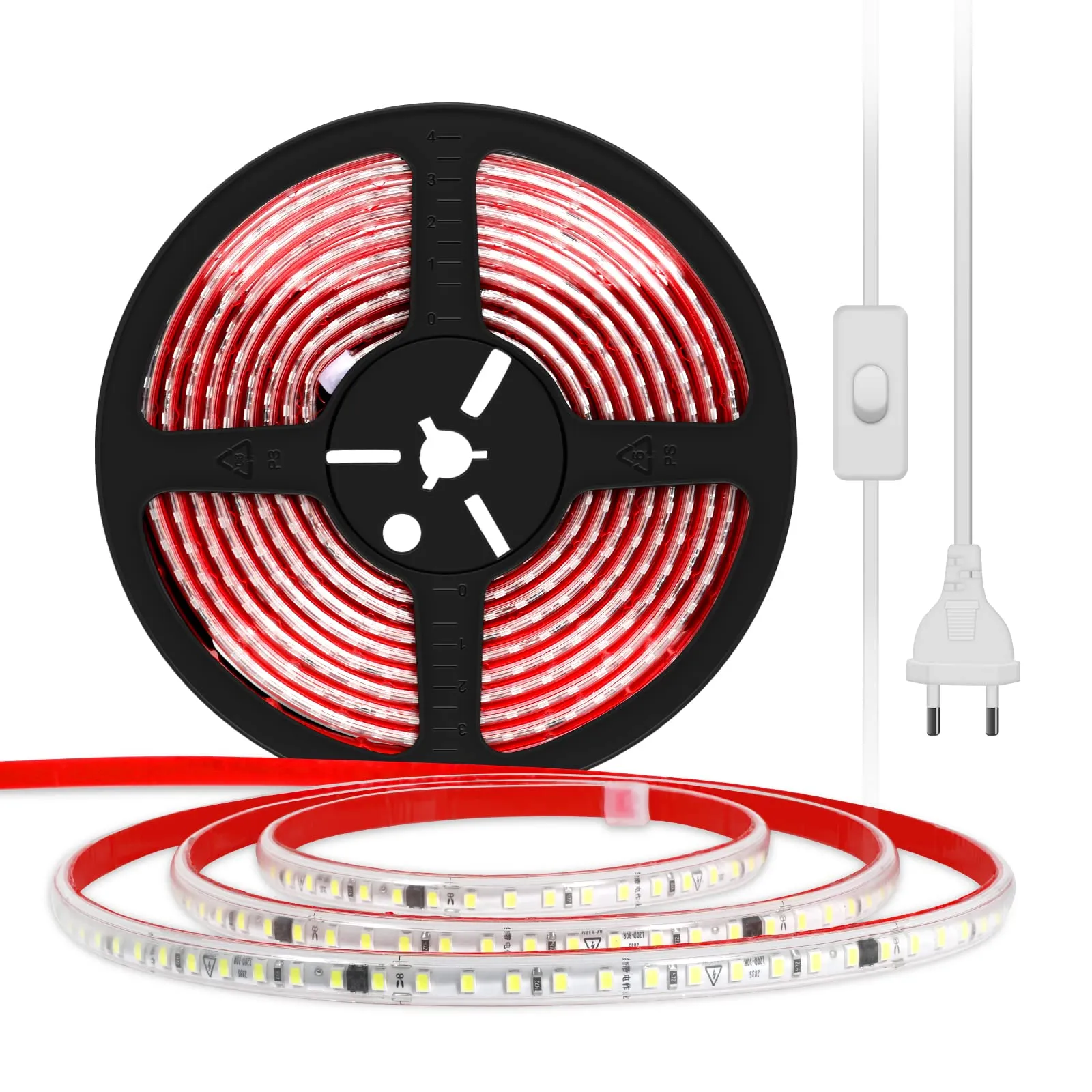 pcning Strip LED SMD2835 220V 10 Metri IP67 Impermeabile Striscia, 10M Strisce LED 220 Volt da Interno con Interruttore Bianco 4000K (Bianco, 10.00)