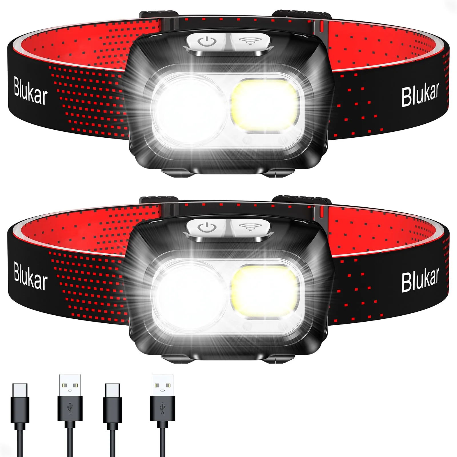 Blukar Torcia Frontale LED Ricaricabile, [2 Pezzi] 2000L Super Luminosa Lampada Frontale, Sensore Movimento & Luce Rossa, 8 Modalità di Luce, Dimmerabile Continuo Torcia da Testa per Campeggio/Pesca