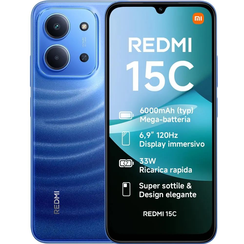 Xiaomi Redmi 15C, Smartphone 4+128GB, Display 6,9" 120Hz, 7,99mm, MediaTek Helio G81-Ultra, Dual camera da 50MP, Mega batteria da 6000mAh, Garanzia 2 anni, Blu, Caricabatterie non incluso