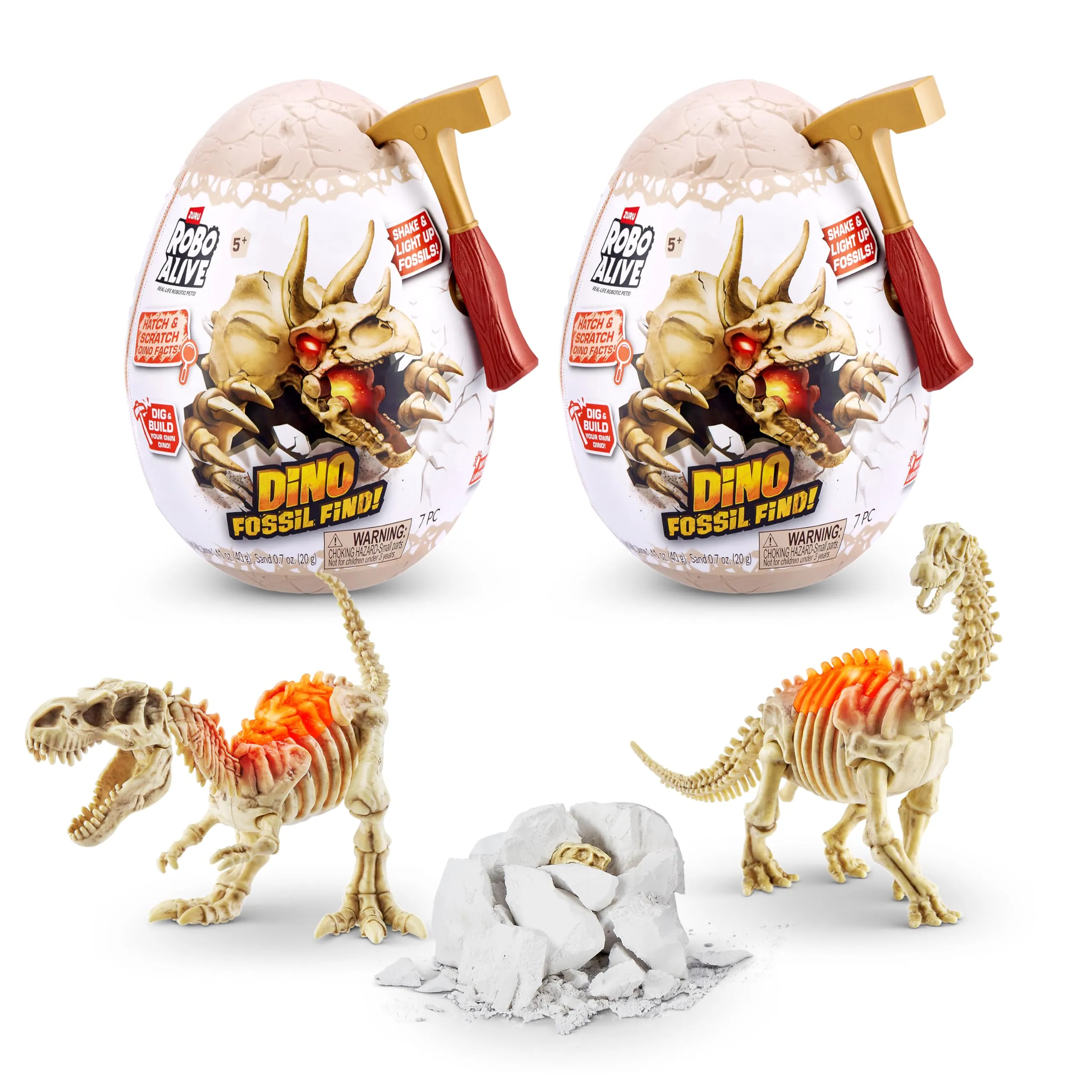 ROBO ALIVE Mini Dino Fossil Find Scavare e scoprire per bambini dai 4 agli 8 anni, Scavi di fossili preistorici, giocattoli educativi, ottimo kit scientifico (2 Pack, T-Rex & Brontosaurus)