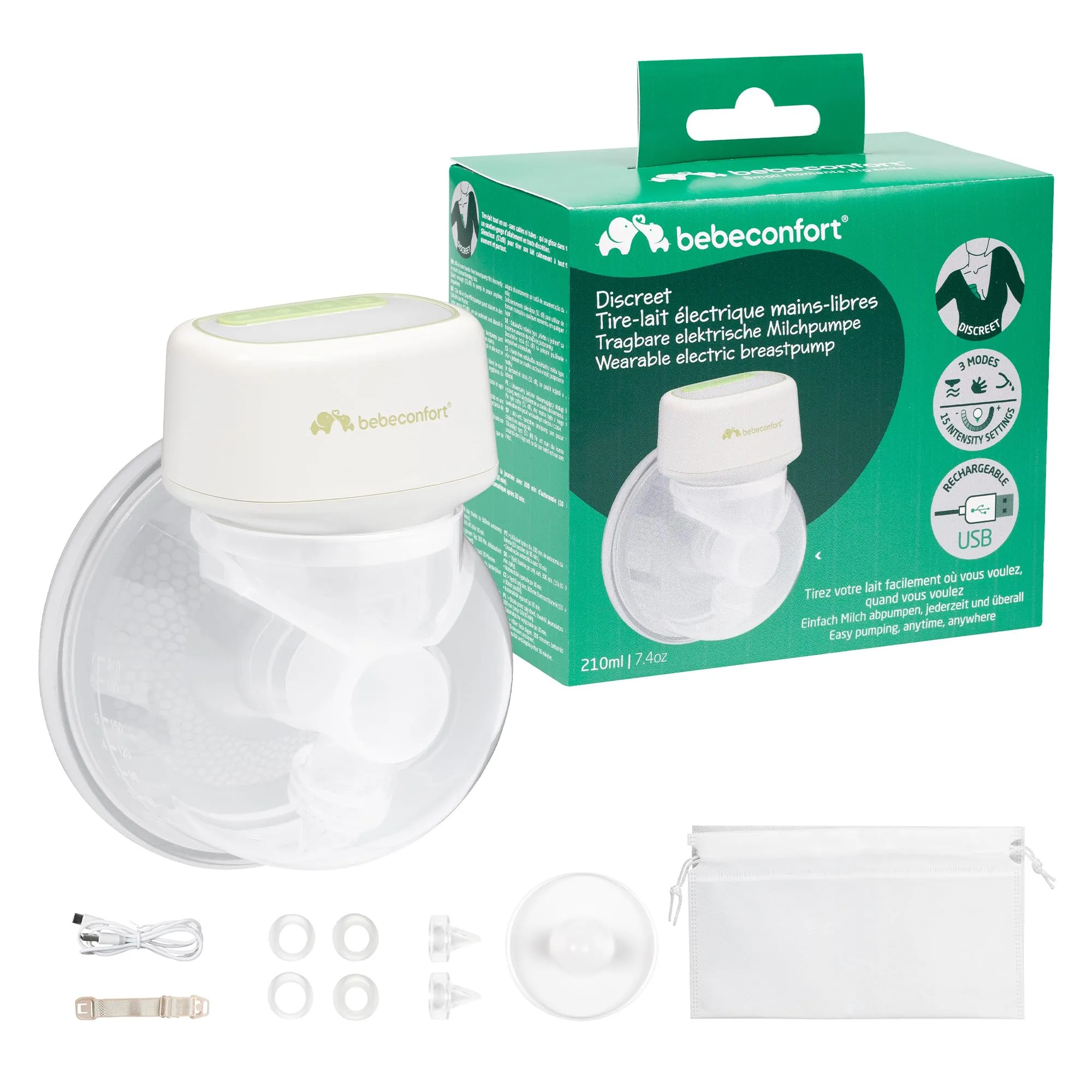 Bebeconfort Discreet Tiralatte Elettrico Indossabile, Tiralatte Portatile Elettrico, 3 Modalità, 15 Intensità, Batteria a Lunga Durata, Contenitore Grande da 210 ML