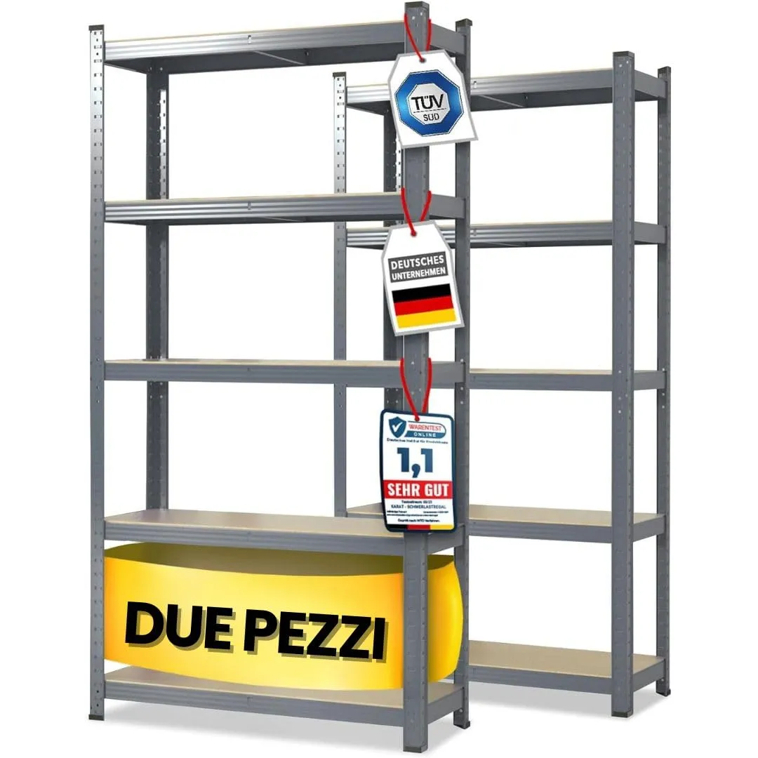 Floordirekt Scaffalatura per carichi pesanti, set da 2, grigio, 200 x 100 x 50 cm, scaffalatura cantina, magazzino, officina, banco da lavoro, 5 ripiani regolabili (Lakota)