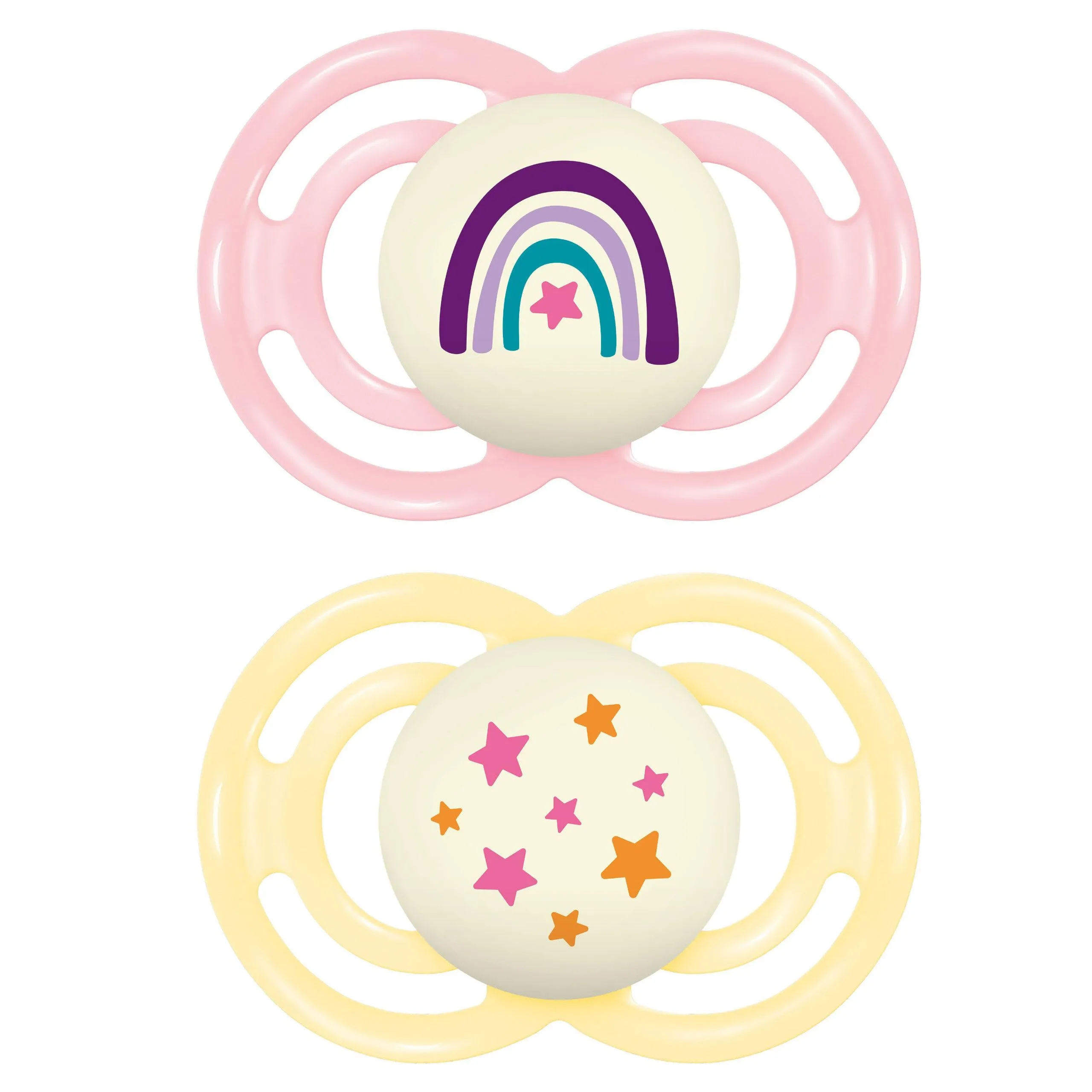 MAM Perfect Night Confezione Doppia Succhietto 16+ Mesi (Set da 2), Ciuccio MAM 16 36 mesi silicone che si illumina al buio, 2 accessori neonato per lo sviluppo orale con porta ciuccio, Rosa/Giallo