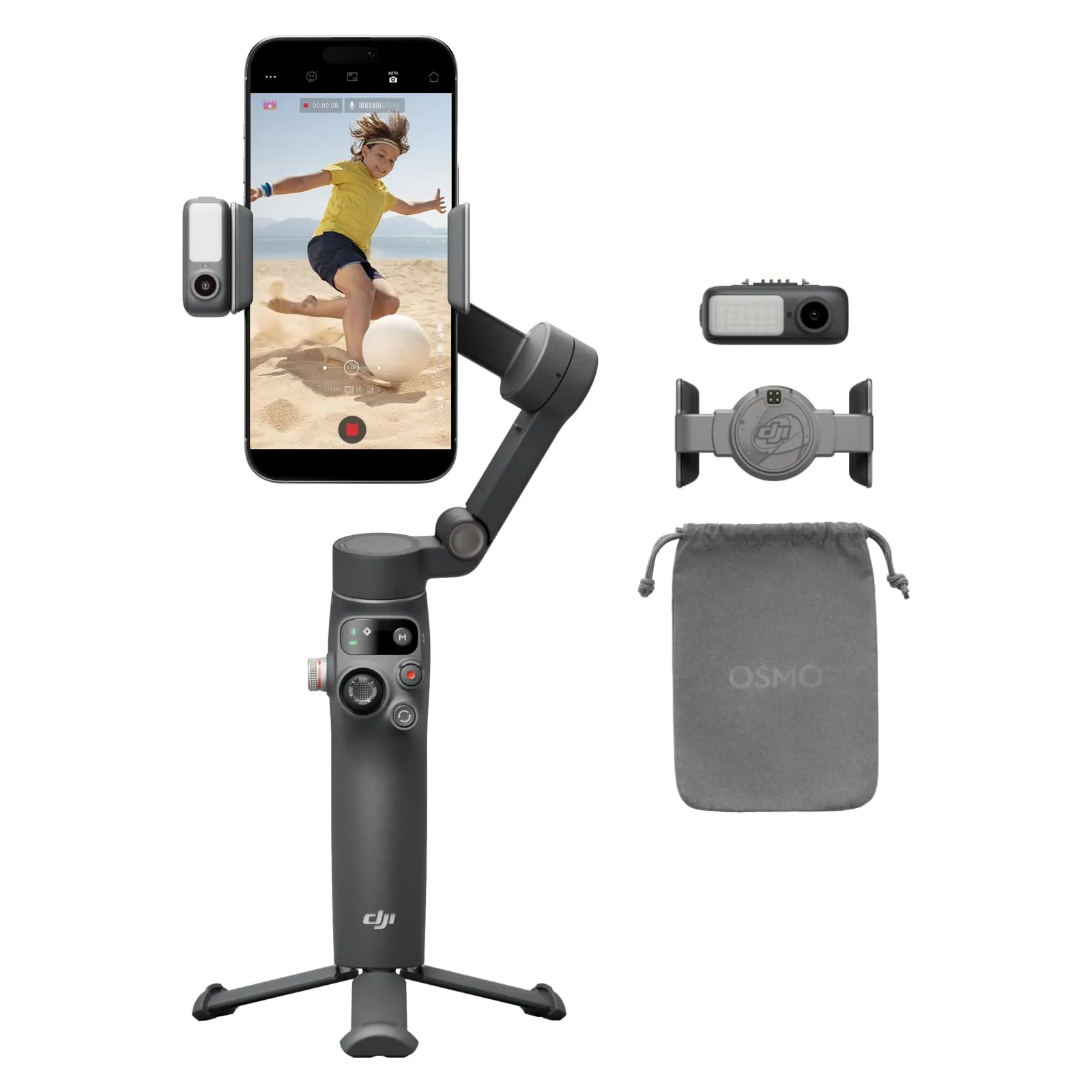DJI Osmo Mobile 7P Stabilizzatore per iPhone, Android, Tracciamento nativo, Illuminazione, Stabilizzatore 3 assi per smartphone, Avvio rapido, Manico telescopico e treppiede integrati