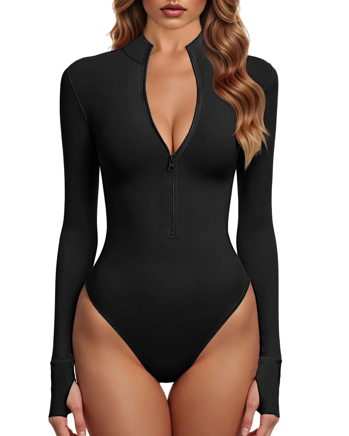 GJY Body da donna con zip frontale a maniche lunghe, Nero , S