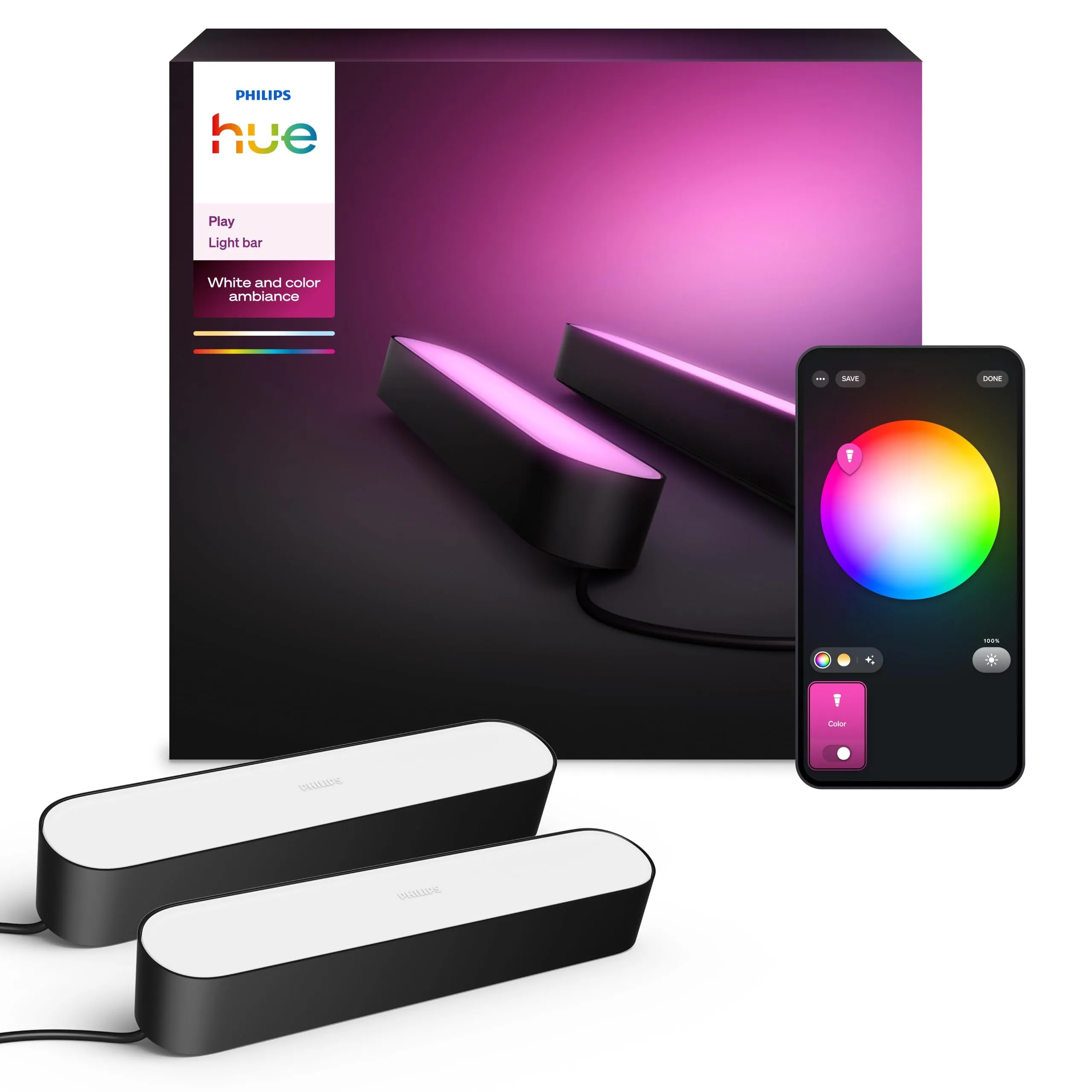 Philips Hue White and Color Ambiance Lampada da Tavolo LED Smart Play, Kit Base con Alimentatore Incluso, 2 pezzi, Nero