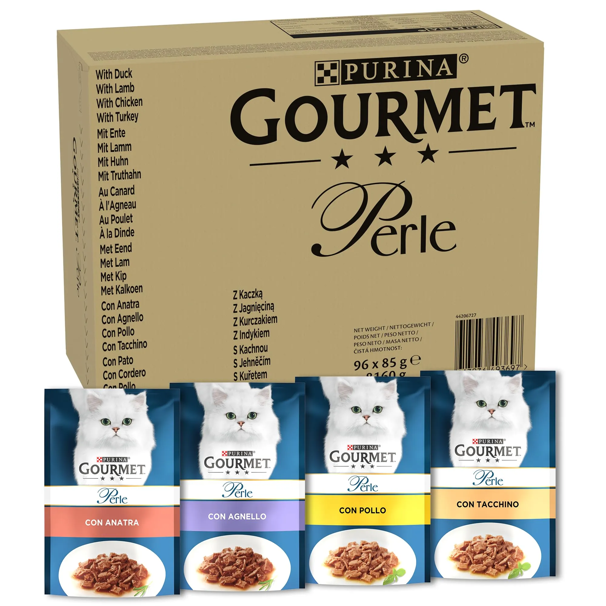 Purina Gourmet Perle Filettini in Salsa Cibo Umido per Gatti con Anatra, Agnello, Pollo, Tacchino, 96 buste da 85g
