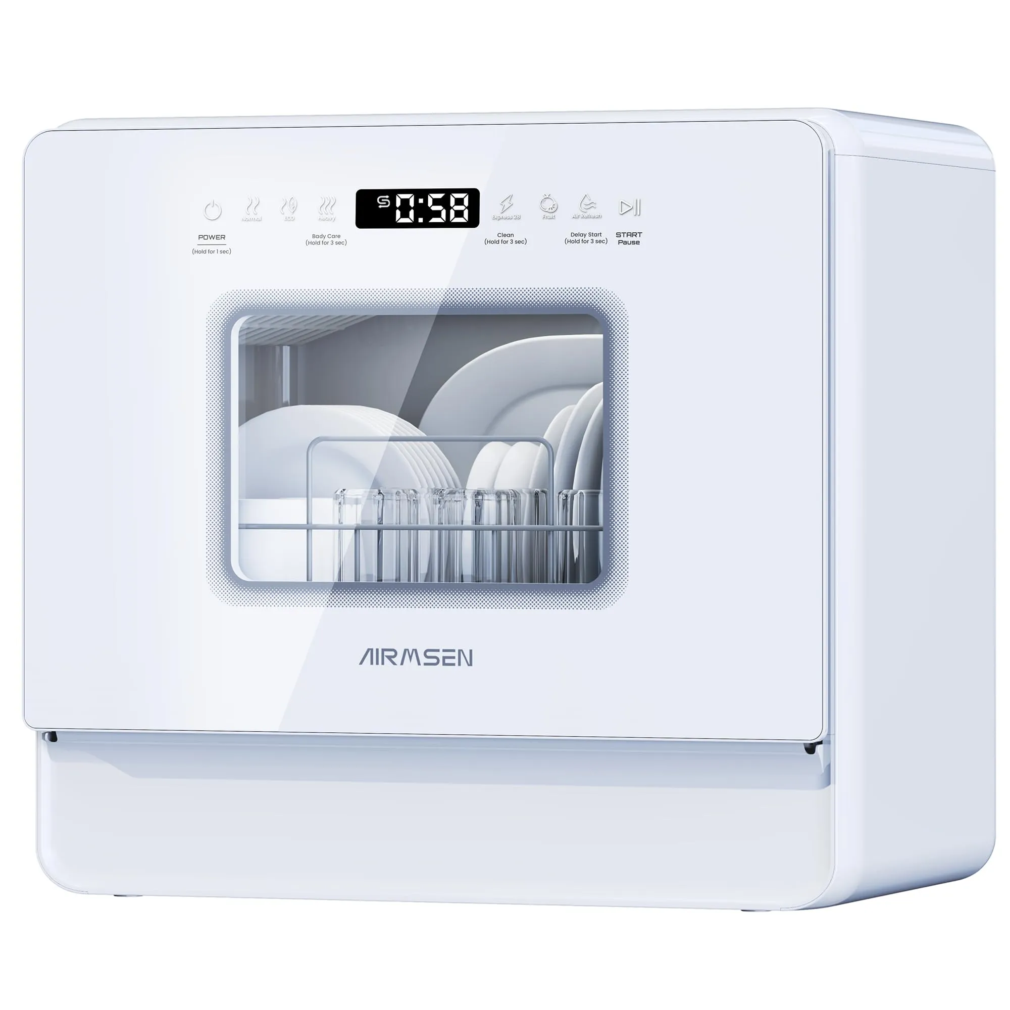 AIRMSEN Lavastoviglie da Tavolo Mini Lavastoviglie con 7+2 Programmi Funzione Sale Addolcitore Serbatoio da 5L Control Táctil & Pantalla LED, Lavastoviglie Compatta per Cucine Appartamenti e Dormitori