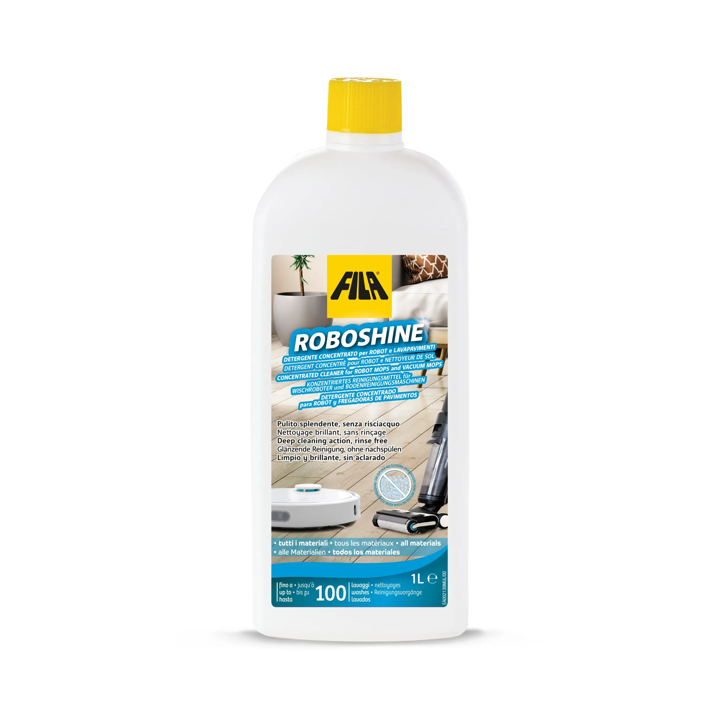 FILA Surface Care Solutions, ROBOSHINE, Detergente per Tutti i Robot Aspirapolvere Lavapavimenti e Lavasciuga Pavimenti, Fino a 100 Lavaggi, Detersivo Pavimenti per Ogni Tipo di Superficie, 1L