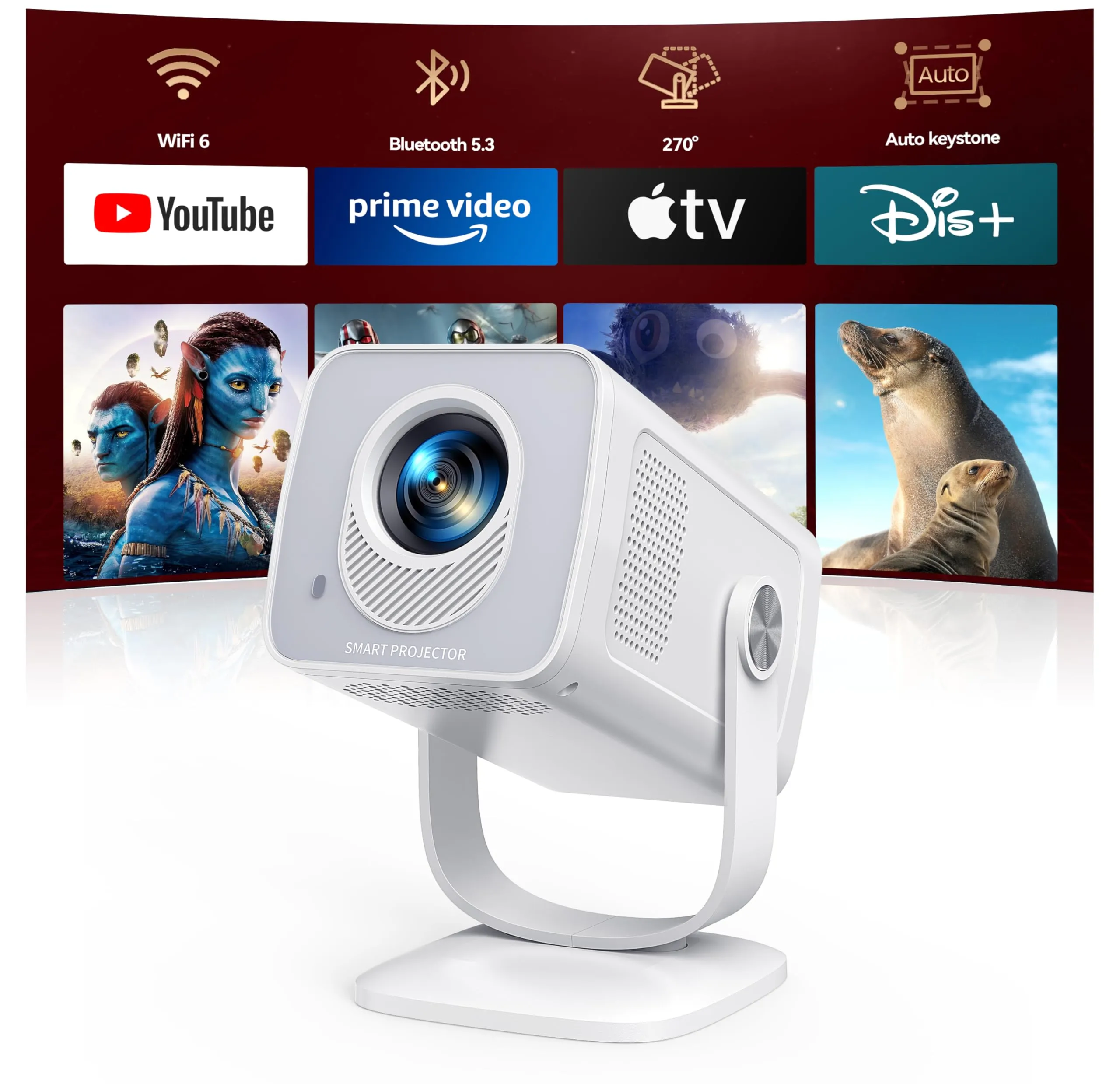 [Android 13|Ottica Corta]Proiettore WIFI6 e Proiettore Portatile Bluetooth 5.4 Two-Way Supporto 1080P 4K Mini Videoproiettore Auto Keystone Rotazione di 270° Per Esterni/Telefoni/HDMI/USB/TV Stick