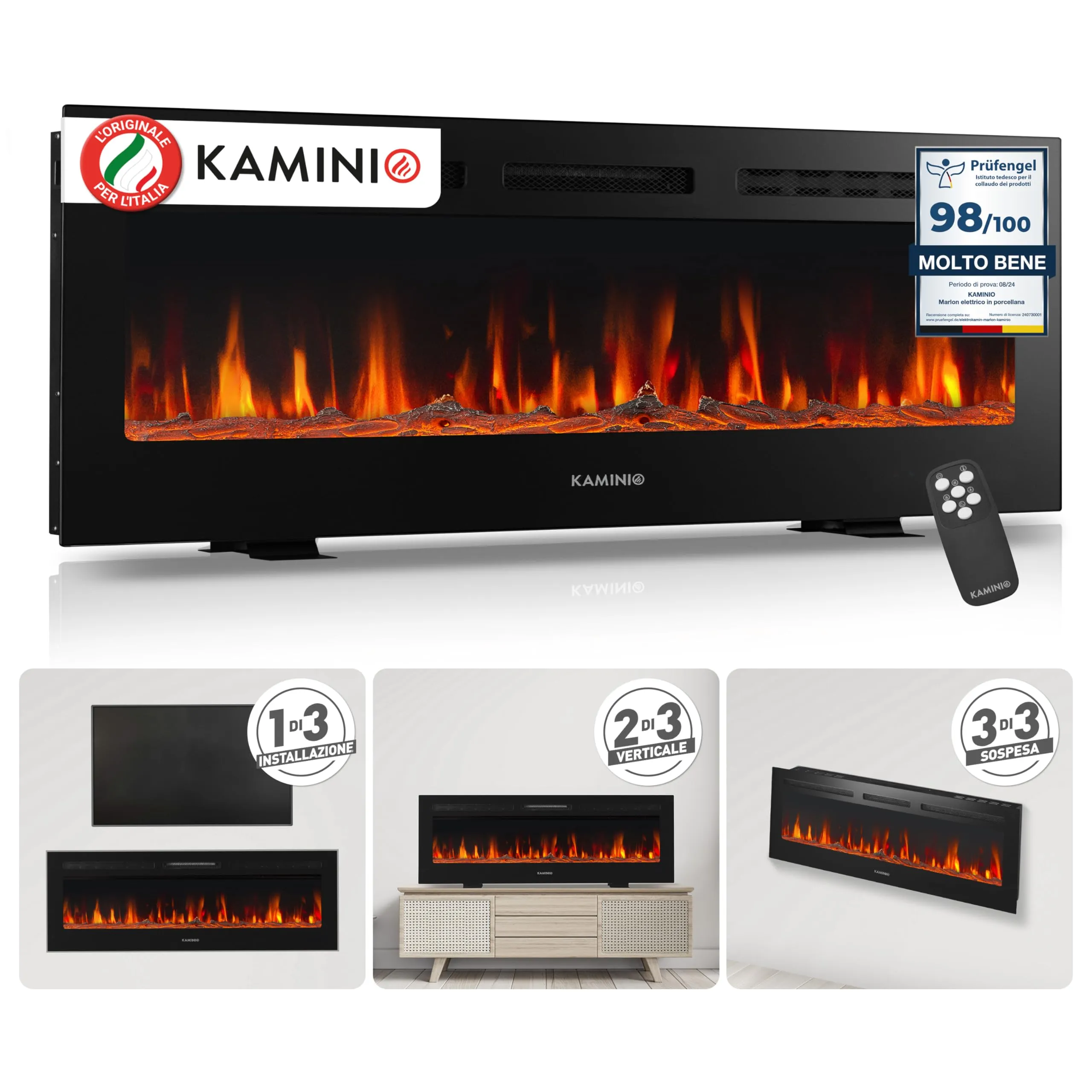 KAMINIO Camino elettrico MARLON - Caminetto elettrico 3-in-1 con riscaldamento, effetto fiamma 3D, 12 colori di fiamma, telecomando (50 pollici)