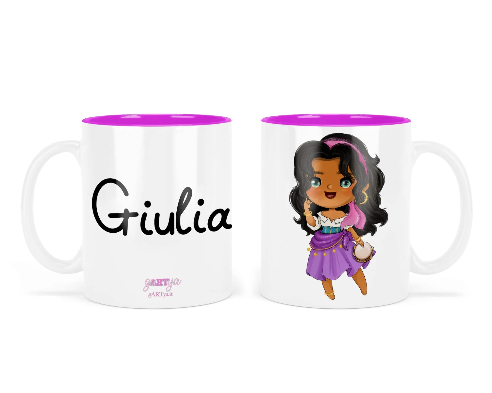 Tazza di plastica infrangibile bambina Principesse personalizzata con nome per scuola e asilo disegno a scelta interno fucsia Trilly Vaiana Merida Tiana Ariel Belle Esmeralda