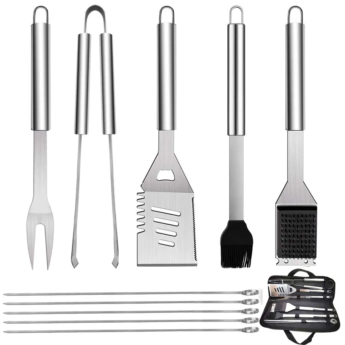 GQC 10 PCS Kit di Attrezzi Barbecues Utensili Barbecue Set, Completo Attrezzi BBQ in Acciaio Inossidabile Posate per Campeggio/Regalo, Regalo di papà Ideale per Compleanno (10)