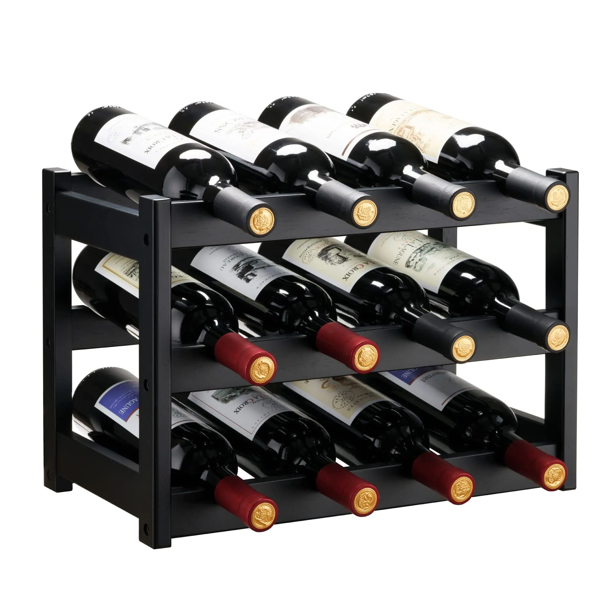 VASMIA Portabottiglie di Vino,Portabottiglie da Tavolo in Bambù Naturale, Vintage Espositore Bottiglie Scaffale Cantinetta Portabottiglie per Cucina, Bar, Cantina(3 livelli-12 bottiglie),Nero