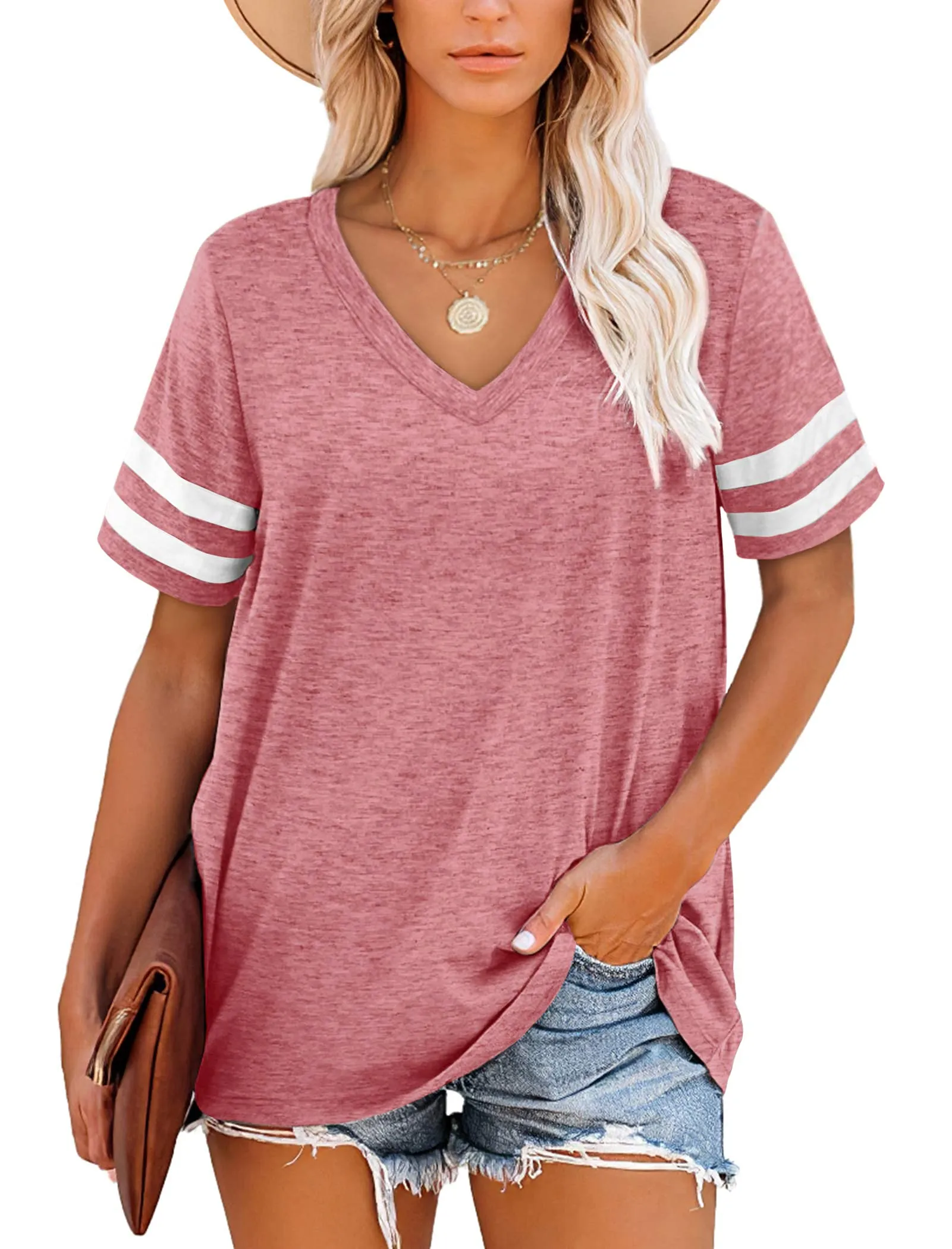 NARRAME T-Shirt Top Estivi da Donna Camicie da Palestra a Maniche Corte con Scollo a V Tinta Unita Rosa Scuro Medium M 38-40
