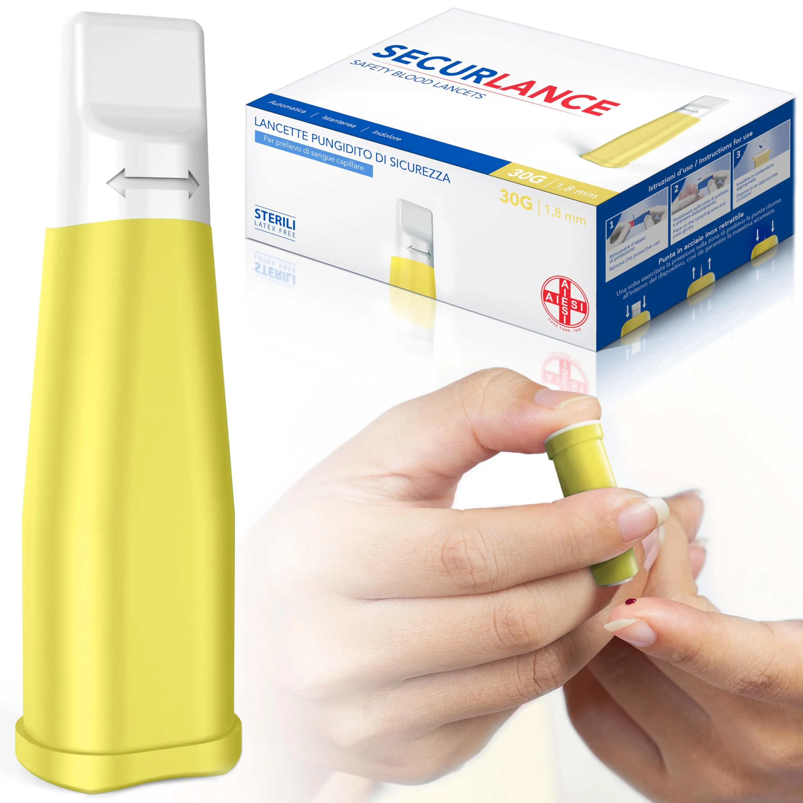 AIESI® Lancette pungidito per glicemia monouso sterili con sistema di sicurezza e punta in acciaio inox retrattile ago 30G SECURLANCE (Confezione da 100 pezzi)