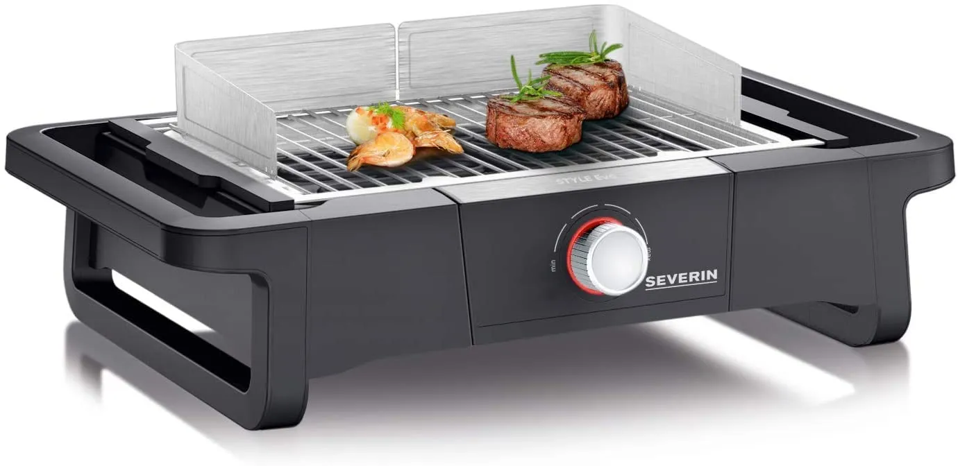 SEVERIN Style Evo PG 8123 - Barbecue elettrico per interni ed esterni, con avvio rapido fino a 350 °C, per balcone con distribuzione ottimale del calore, colore: Nero