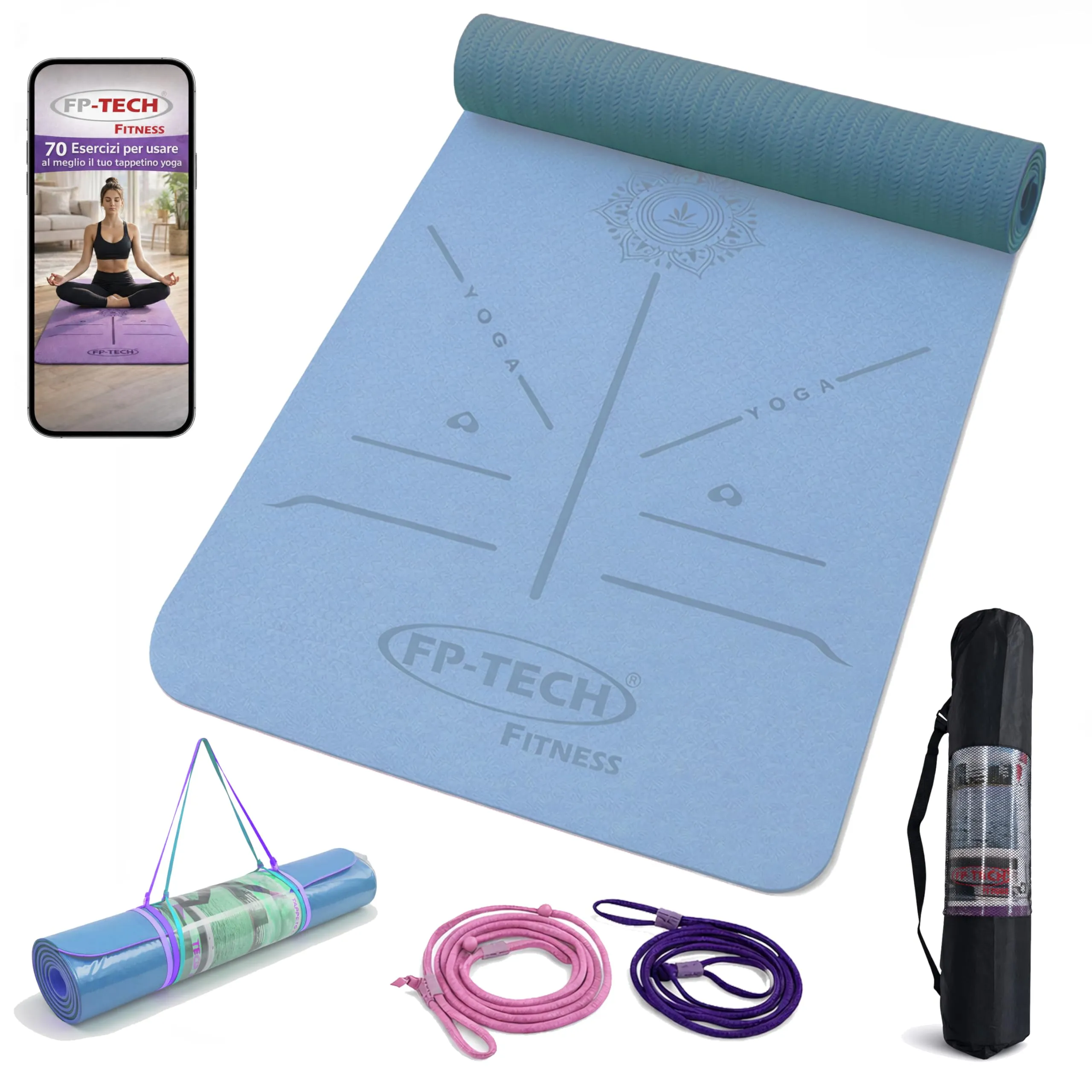 FP-TECH TAPPETINO DA YOGA IMBOTTITO ANTISCIVOLO FITNESS PILATES GINNASTICA IN TPE MAT CON SACCA 183 X 68 X 0.8 CM (Blu-Azzurro Cielo)