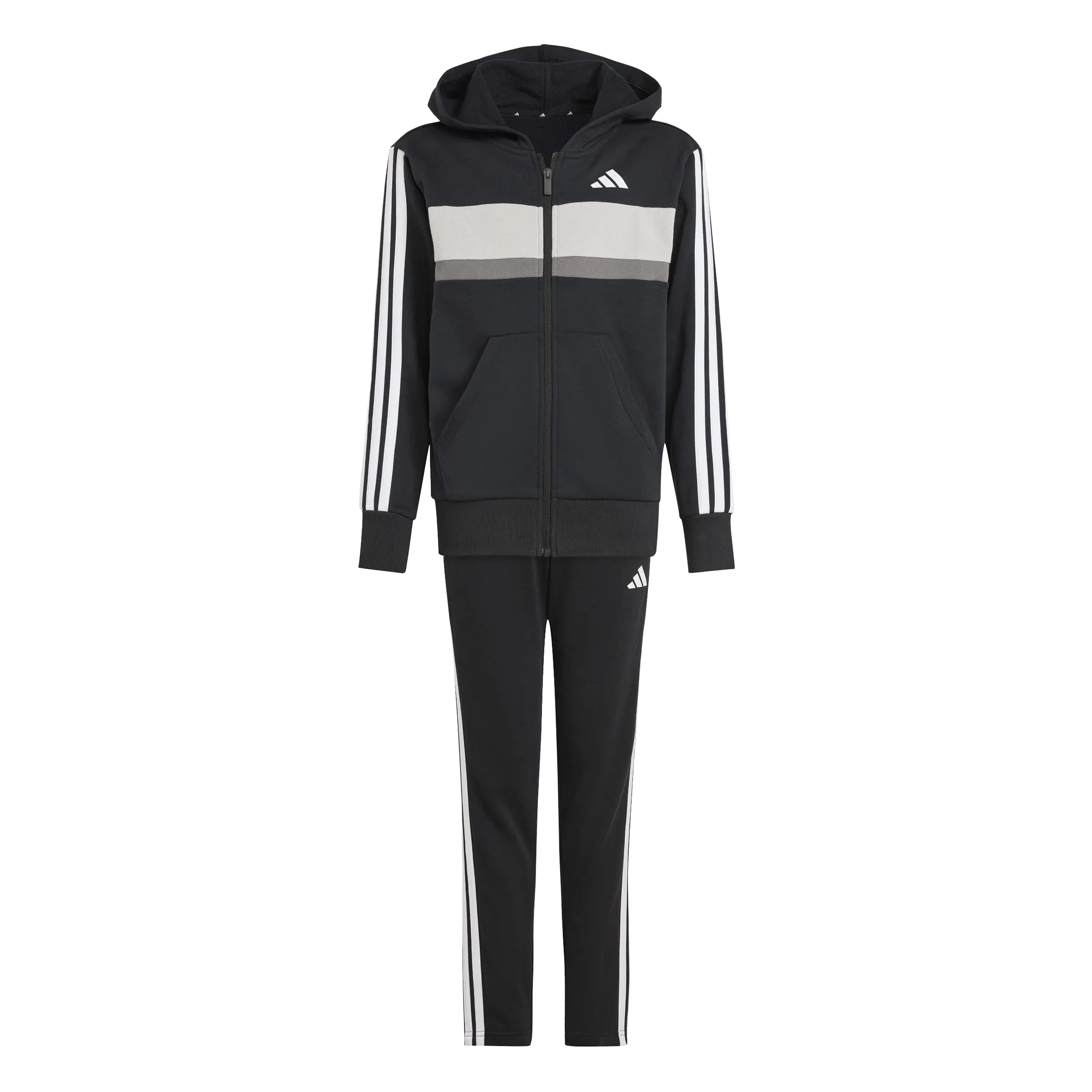 adidas Unisex - Bambini SEASONAL ESSENTIALS TIBERIO 3 STRIPES FLEECE TRACKSUIT, black/white/grey two, 13-14 Years