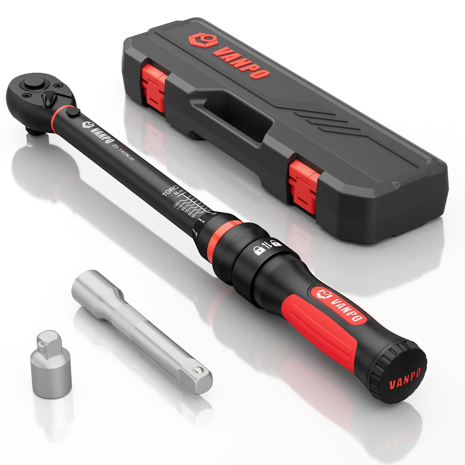 VANPO Chiave Dinamometrica 3/8'', 5-60Nm Moto e Bici Chiavi Dinamometrica Set con Adattatore da 3/8 "a 1/4", Barra di Prolunga 125 mm, 72T Chiave Dinamometrica per Bici, Moto e Cambio Candela Auto