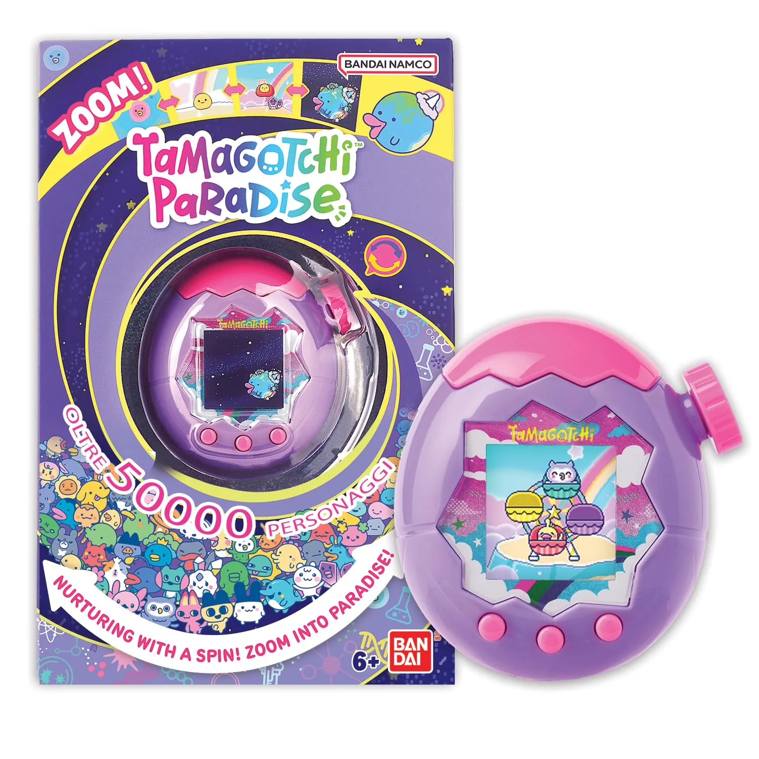 TAMAGOTCHI Bandai Paradise Cielo - Animale Virtuale da accudire Interattivo in italiano, rotella di zoom - Modello Cielo Viola e Rosa - Giocattolo per Bambini dai 6 anni in su - 43423