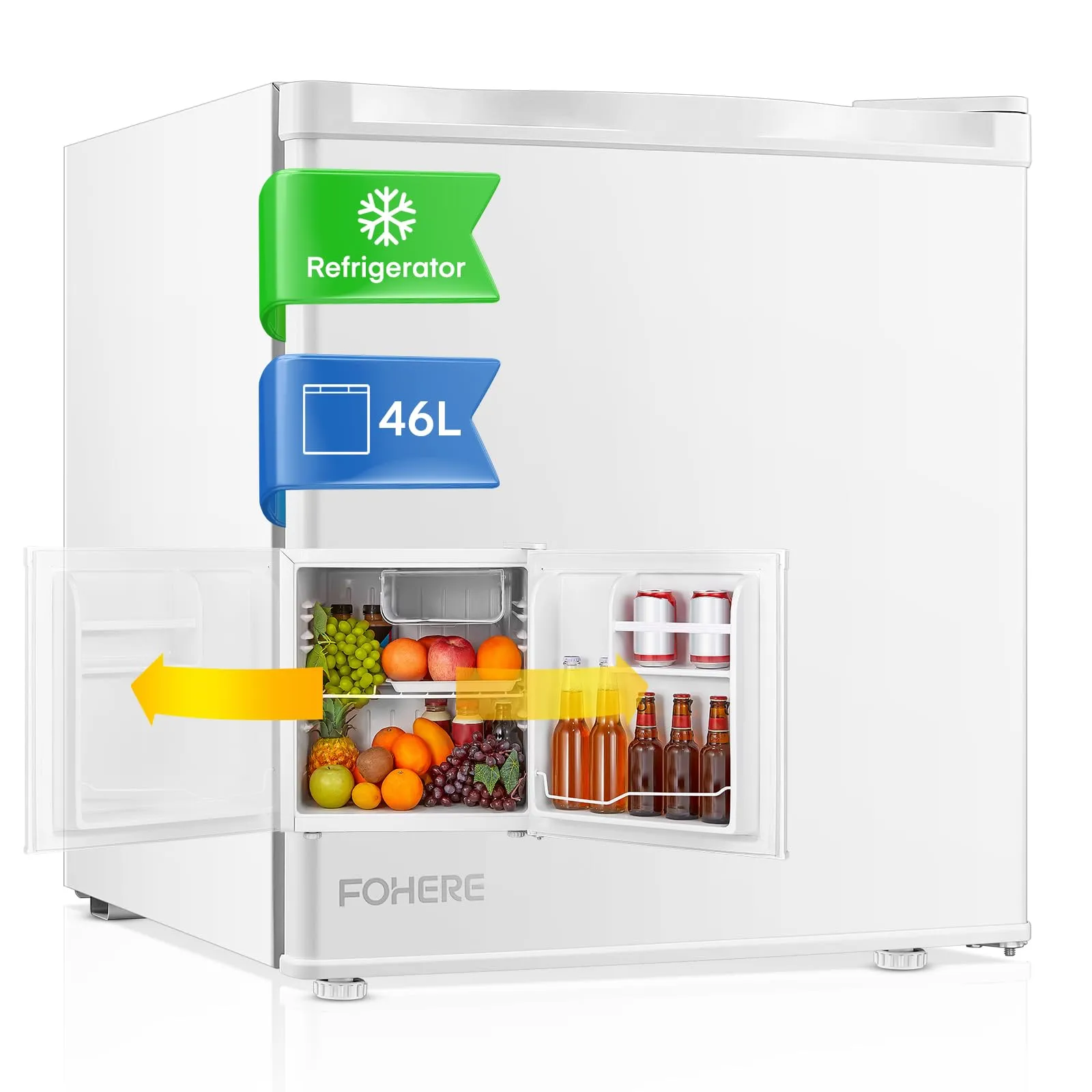 FOHERE Mini Frigo Bar 46L, Frigorifero Piccolo, Silenzioso, Temperatura Regolabile, Porta Reversibile, Ripiani Rimovibili, Per applicazioni in Hotel, Casa, Ufficio, B&B, Bianco