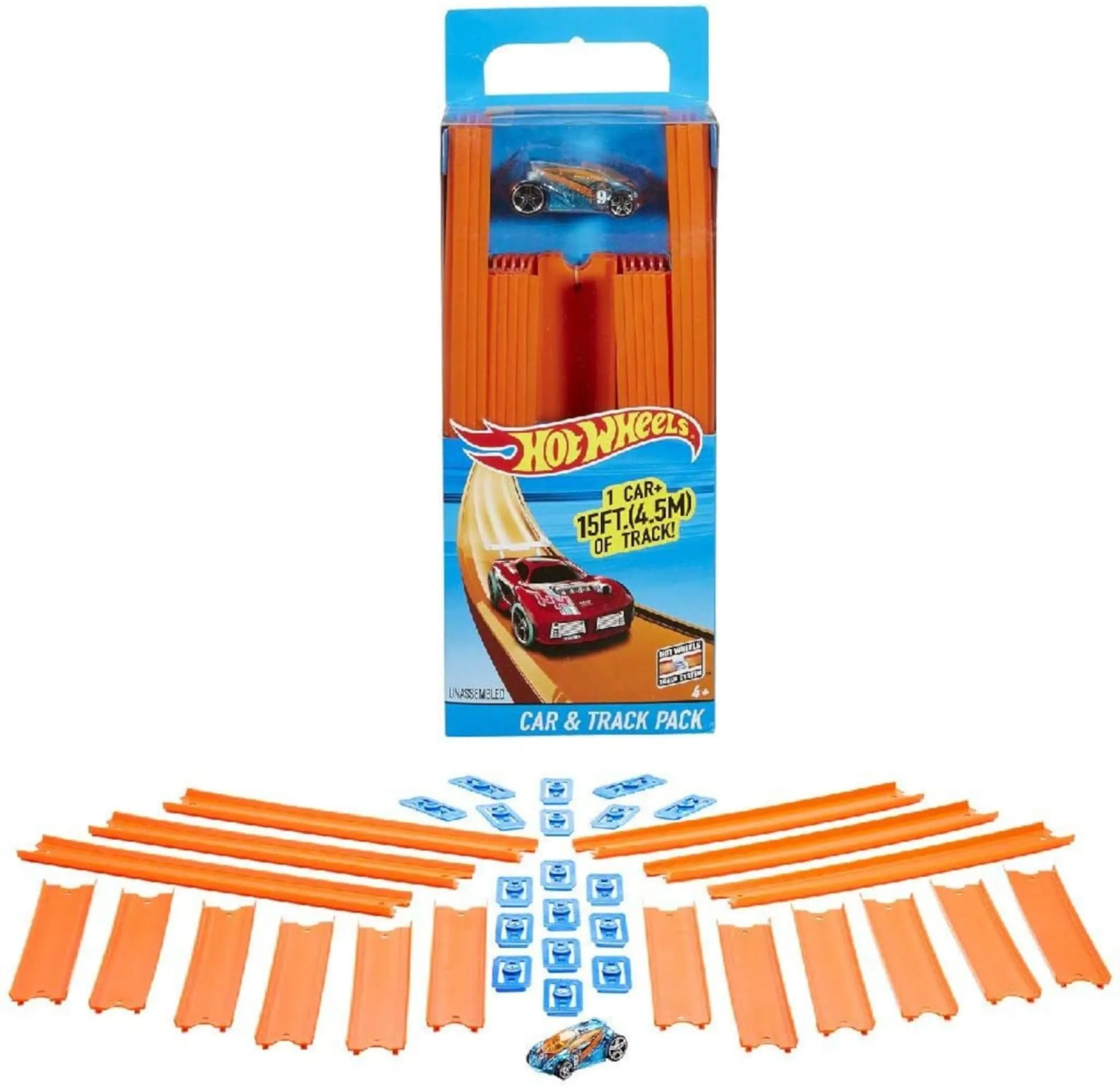 Hot Wheels- Track Builder 15 Rettilinei e 1 Macchinina e Altri Accessori, Giocattolo per Bambini 4+Anni, BHT77