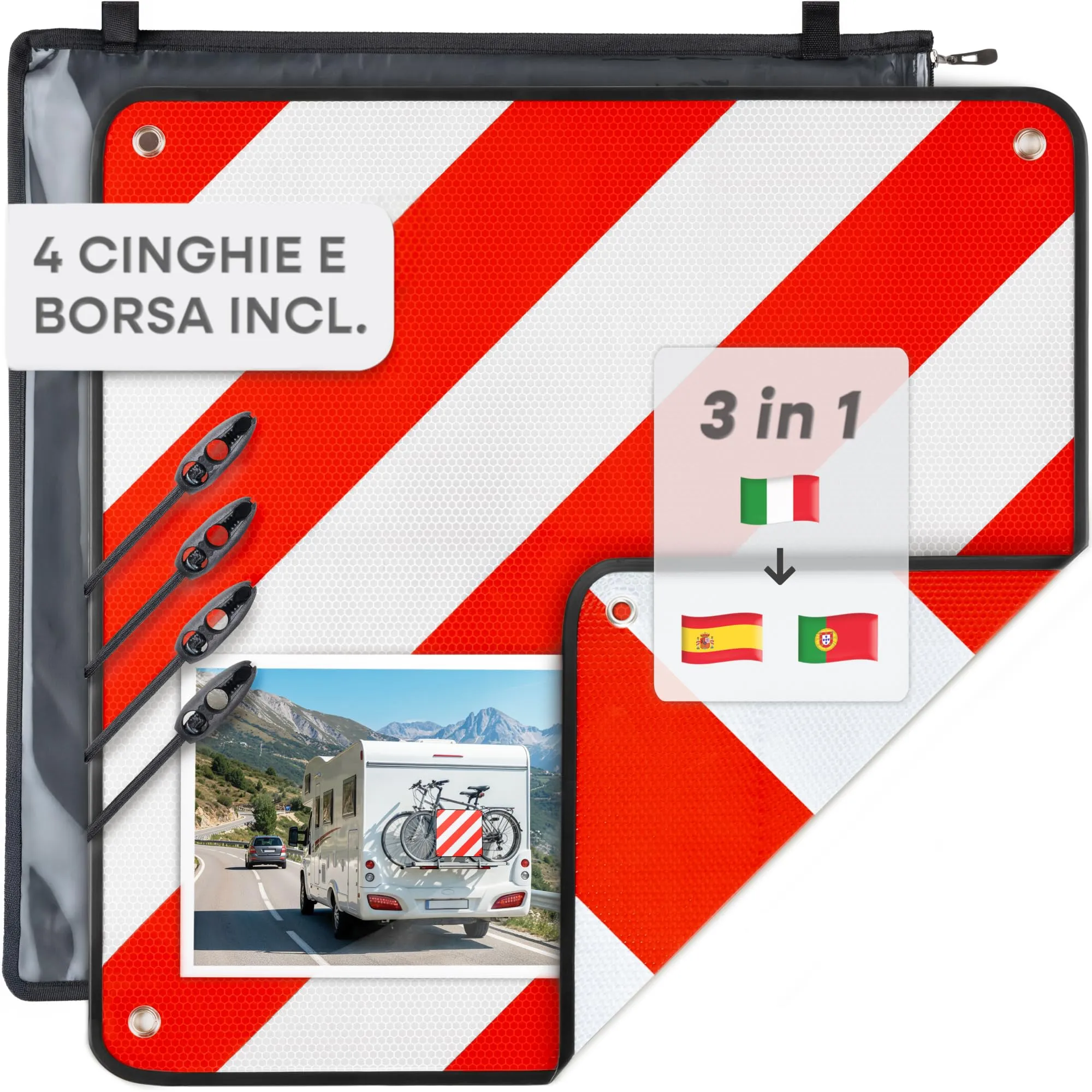 Prowiste Cartello carichi sporgenti – Omologato ECE R70 – Per Italia, Spagna & Portogallo – Alluminio robusto – Montaggio facile con cinghie & borsa (50×50 cm)