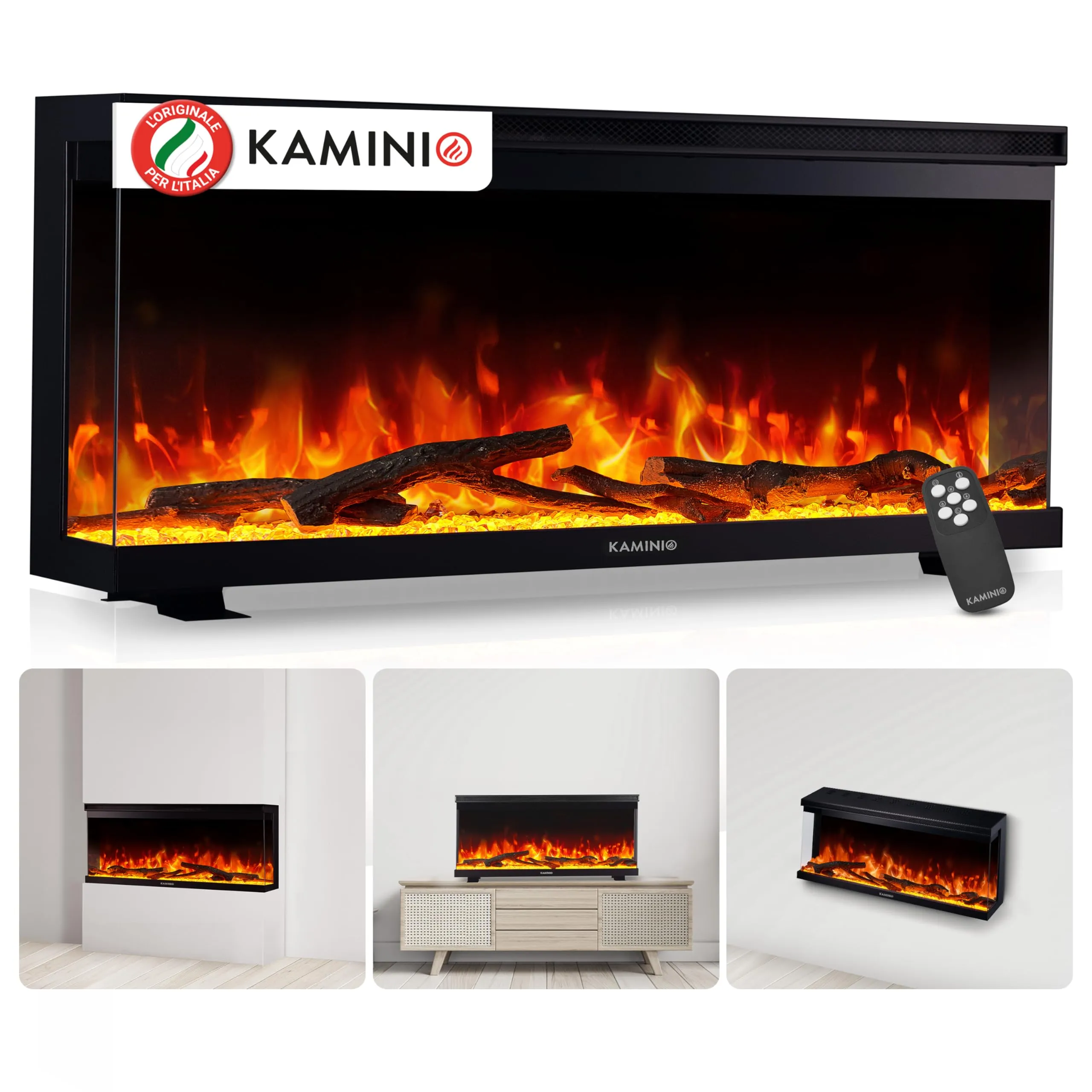 KAMINIO Camino elettrico LEA - Caminetto 3-in-1 con vista panoramica, riscaldamento, effetto fiamma 3D, 12 colori di fiamma, telecomando (36 pollici)