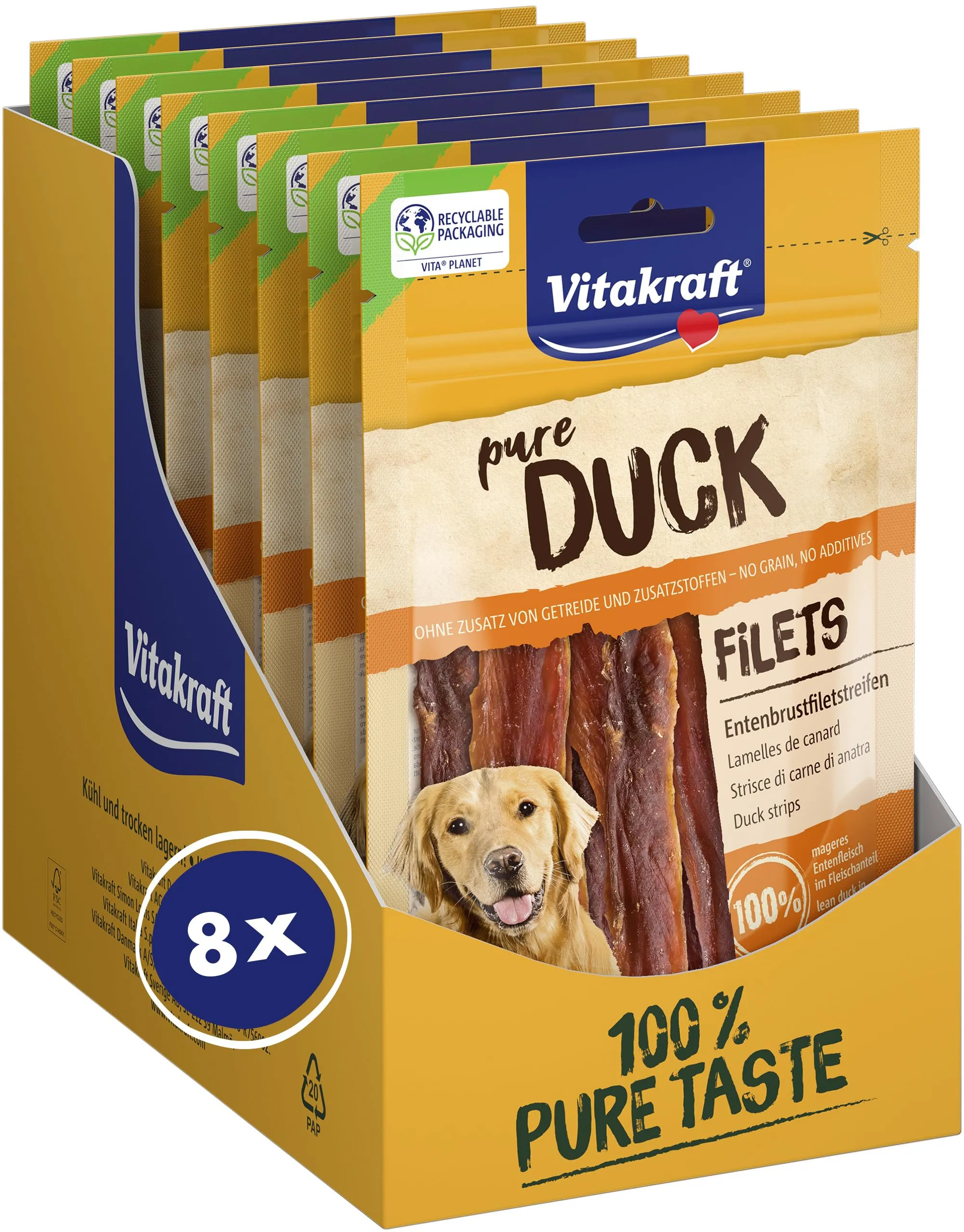 Vitakraft Snack di carne, strisce di filetto di petto d'anatra, senza cereali, con carne magra d'anatra, in sacchetto richiudibile, senza aggiunta di zucchero (8 x 80 g)