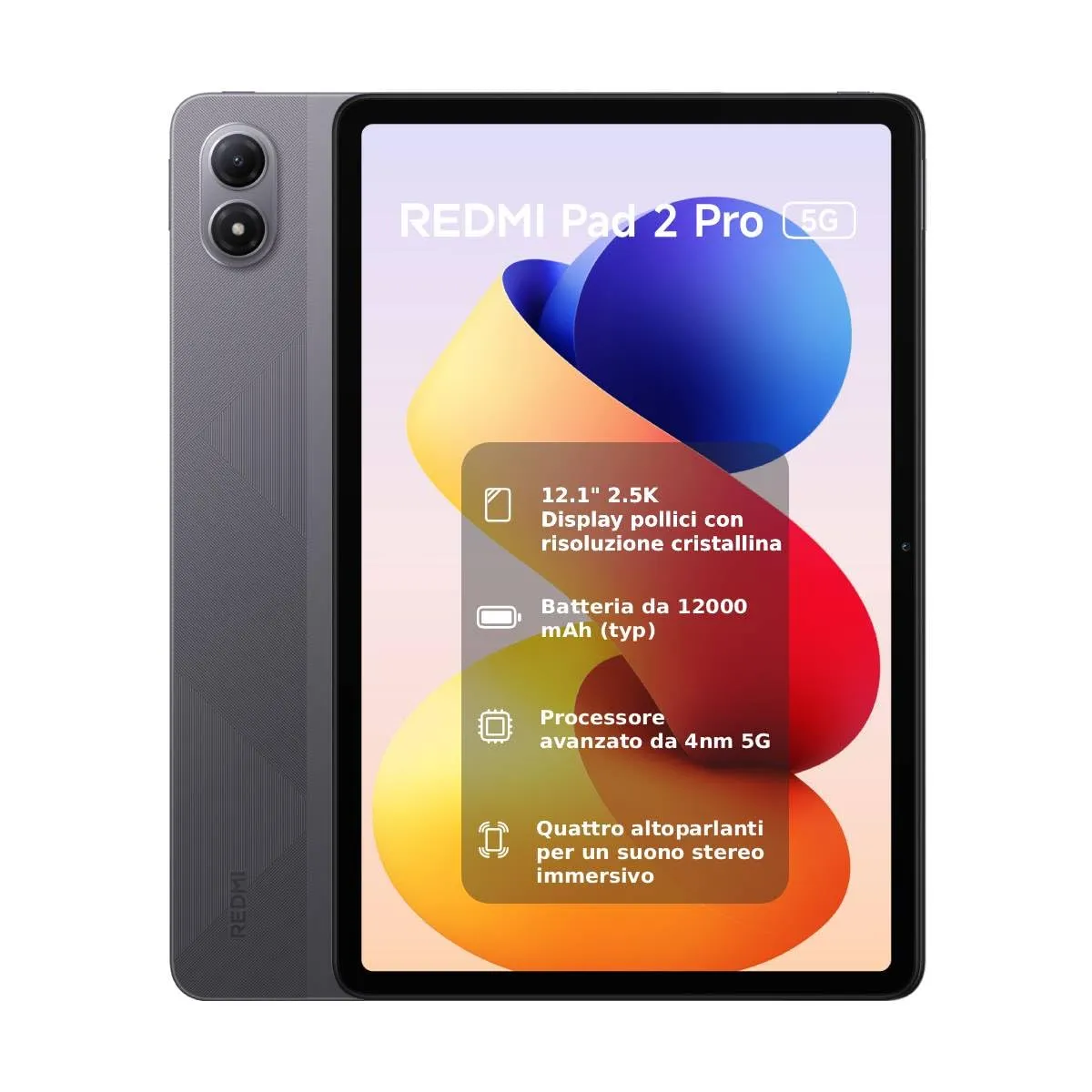Xiaomi Redmi Pad 2 Pro 5G, 8+256GB, Display 2.5K 120Hz super nitido da 12,1", Batteria da 12.000mAh, Processore 4nm con 5G, Dolby Atmos, Grafite Grigio, Garanzia 2 anni, Caricatore non incluso