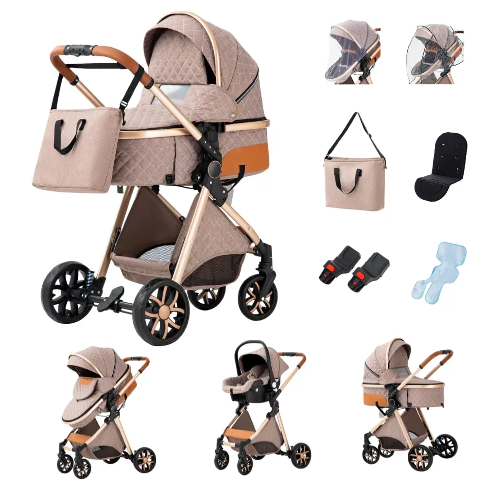 GLOKID Passeggino 3 in 1，Passeggino Canne，Trio，Portatile，Con Seggiolino Accessori，Adattatori universali，4 ruote con ammortizzatori，navicella，grandi ruote (LV9 kaki)