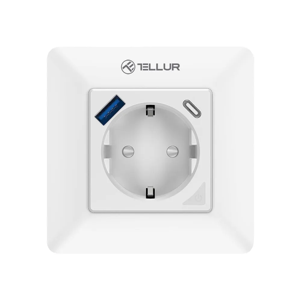 Tellur Smart Presa a Muro Intelligente WiFi, 3600 W, 16 A, PD20 W, USB 18 W, Lettura Energia, Bianco