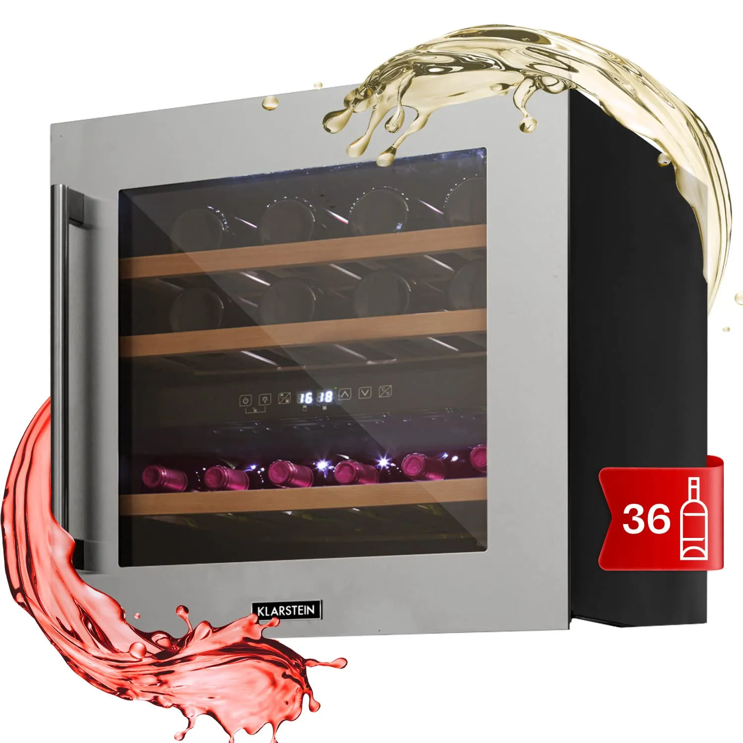 KLARSTEIN Cantinetta Vino Design, Cantinetta Vino Refrigerata a Zona Doppia per Vino Rosso, Bianco e Birra, Controlli Touch, Frigo Vino Cantinetta per Esterno/Interno, 5-22°C, 85L, 36 Bottiglie
