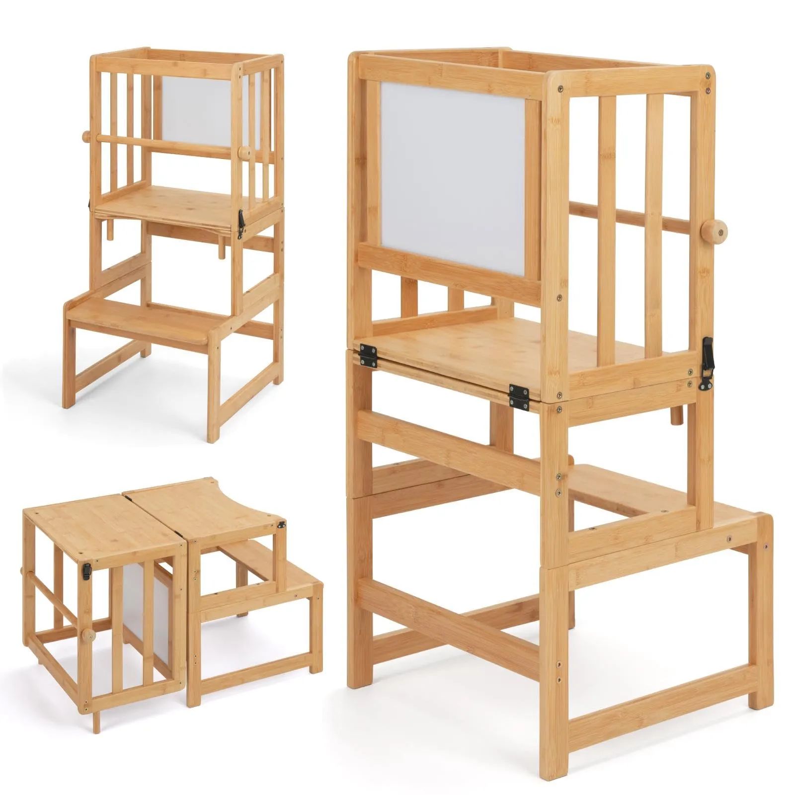 COSYLAND Torre Montessoriana Bambini 3 in 1 con Lavagna Bianca – torretta montessoriana convertibile in Tavolino per Disegno e Attività (Naturale Classico)