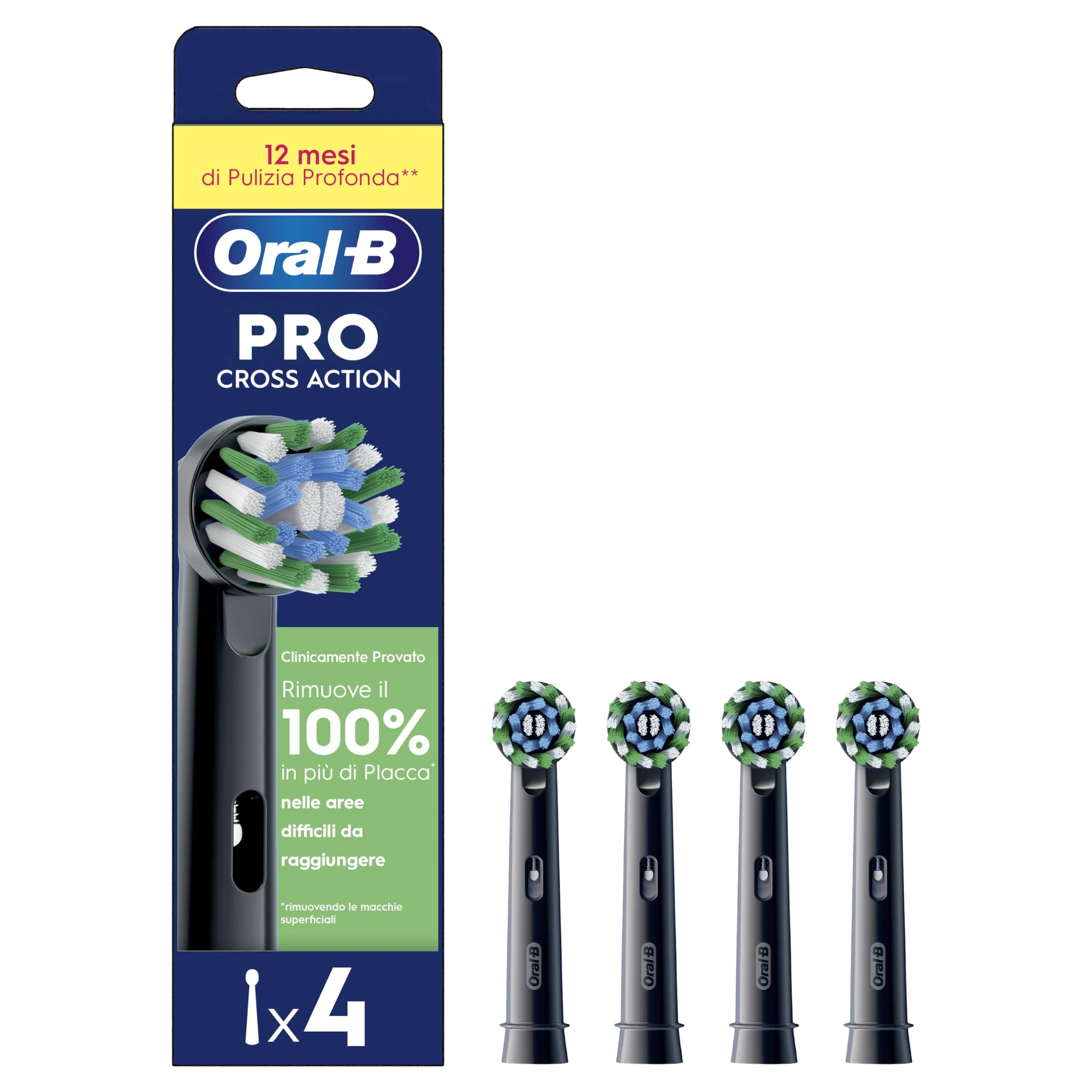Oral-B Cross Action Testine Spazzolino Elettrico, Confezione da 4 Testine di Ricambio Nere, Setole Angolate che si Adattano a ogni Dente per una Pulizia Profonda