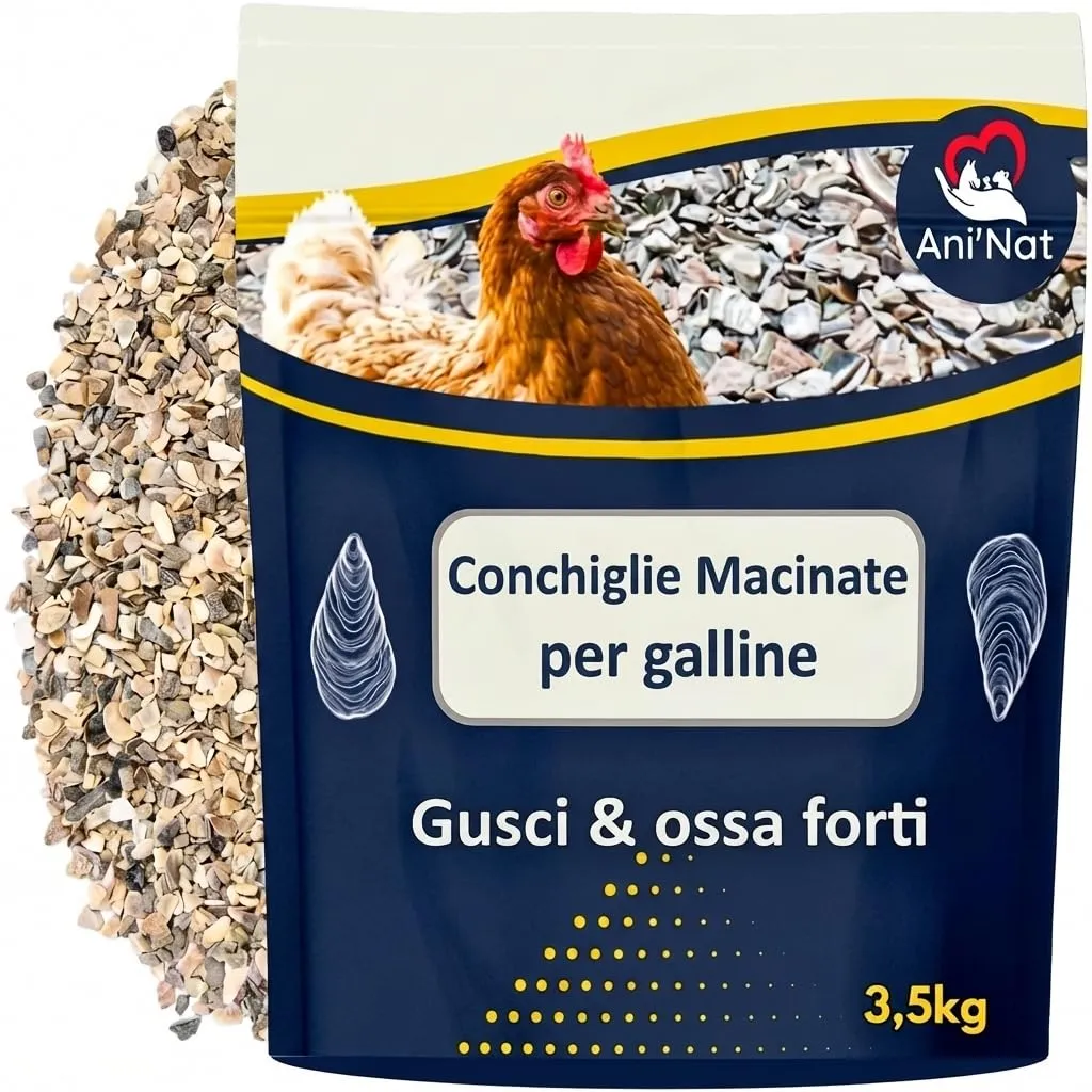 3,5 Kg di Conchiglie Macinate per galline ovaiole e piccioni. Più varietà di minerali rispetto ai gusci di ostriche. Minerali e calcio per gusci solidi.
