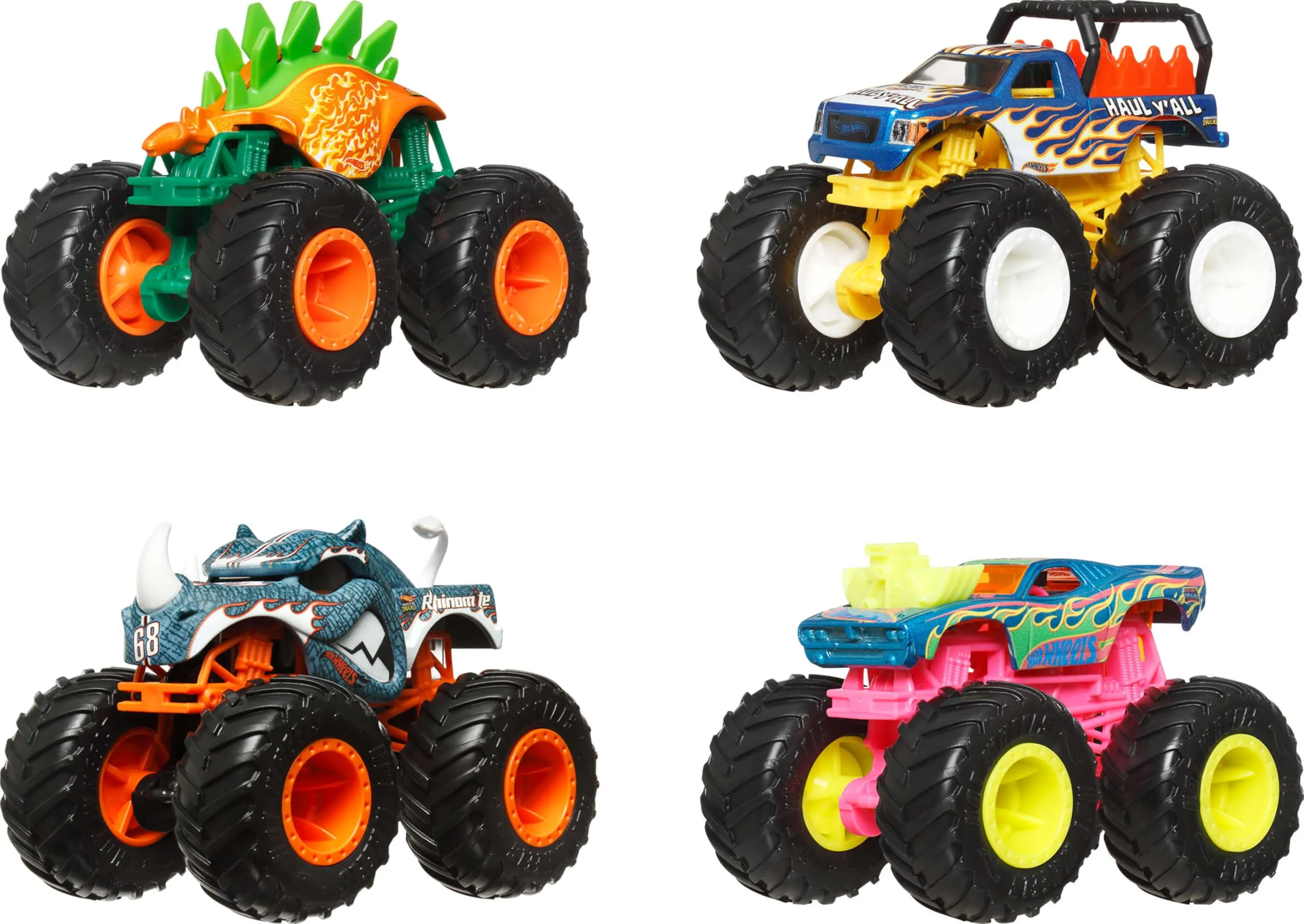Hot Wheels Monster Trucks - Set da 4 veicoli in scala 1:64 con ruote giganti e design da urlo, colleziona i personaggi più amati, giocattolo per bambini, 3+ anni, JGD65