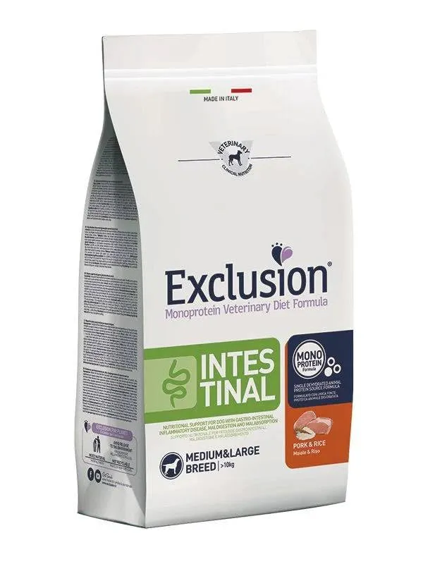 EXCLUSION VETERINARY DIET Per Cani INTESTINAL Maiale e Riso MEDIUM LARGE 12 kg