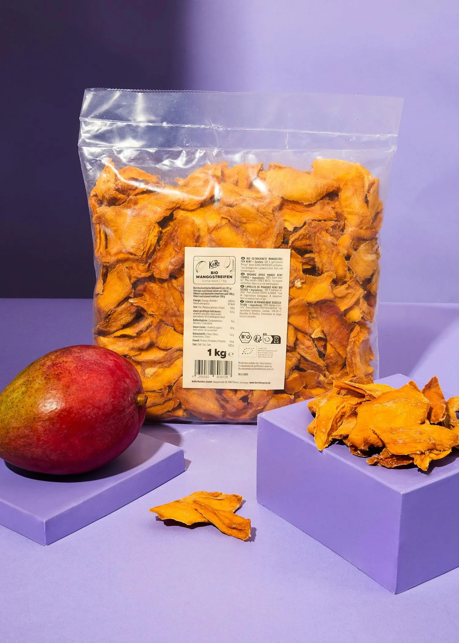 KoRo - mango Kent a fette bio 1 kg - Sapore dolce-fruttato - Senza zuccheri aggiunti - Mango essiccato della varietà Kent