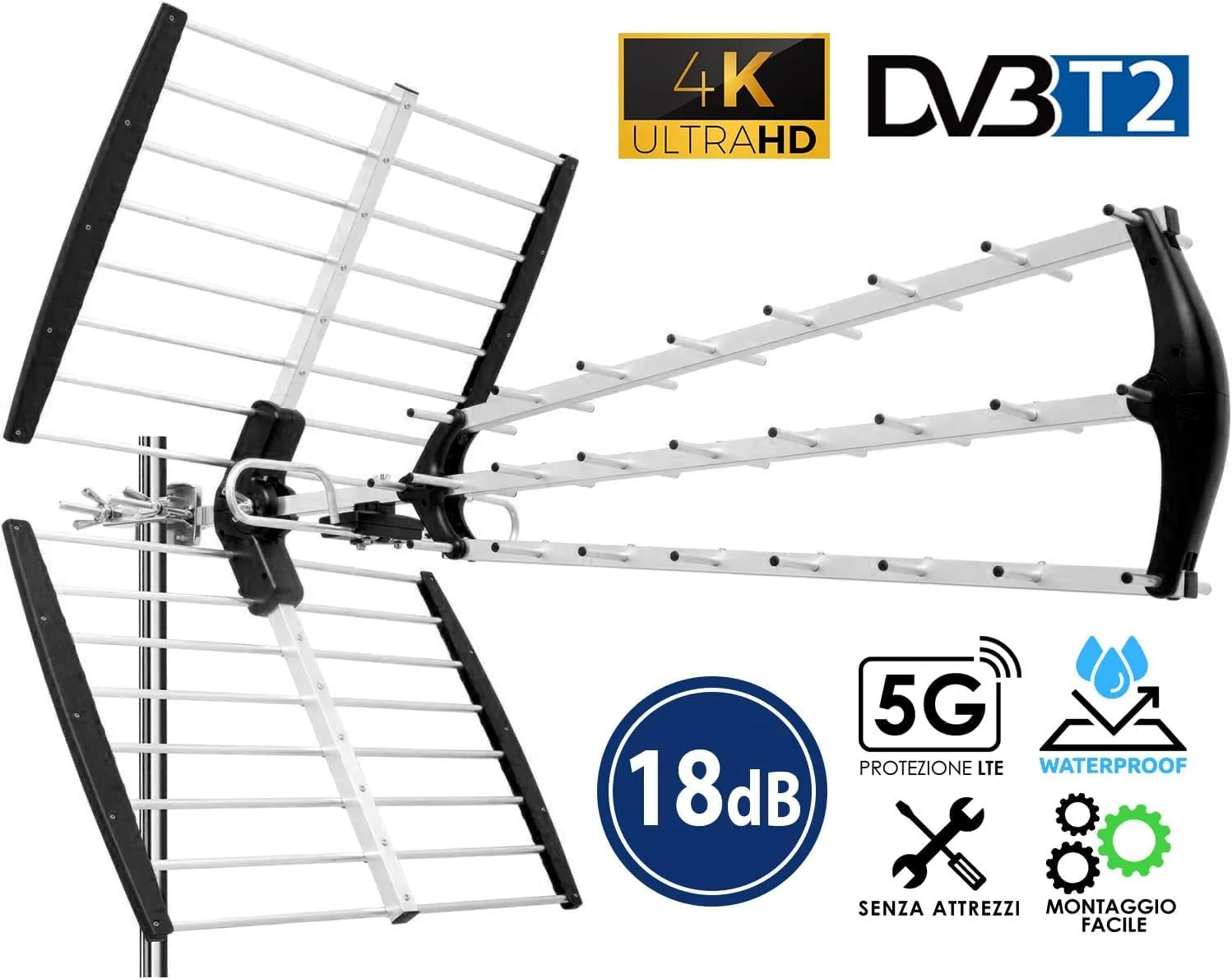 ANTENNA SUPER 56 ELEMENTI 4K ULTRA HD Lte 4G 5G PER DIGITALE TERRESTRE UHF HD TV-PRONTA ALL'USO IN SOLI 5 SECONDI