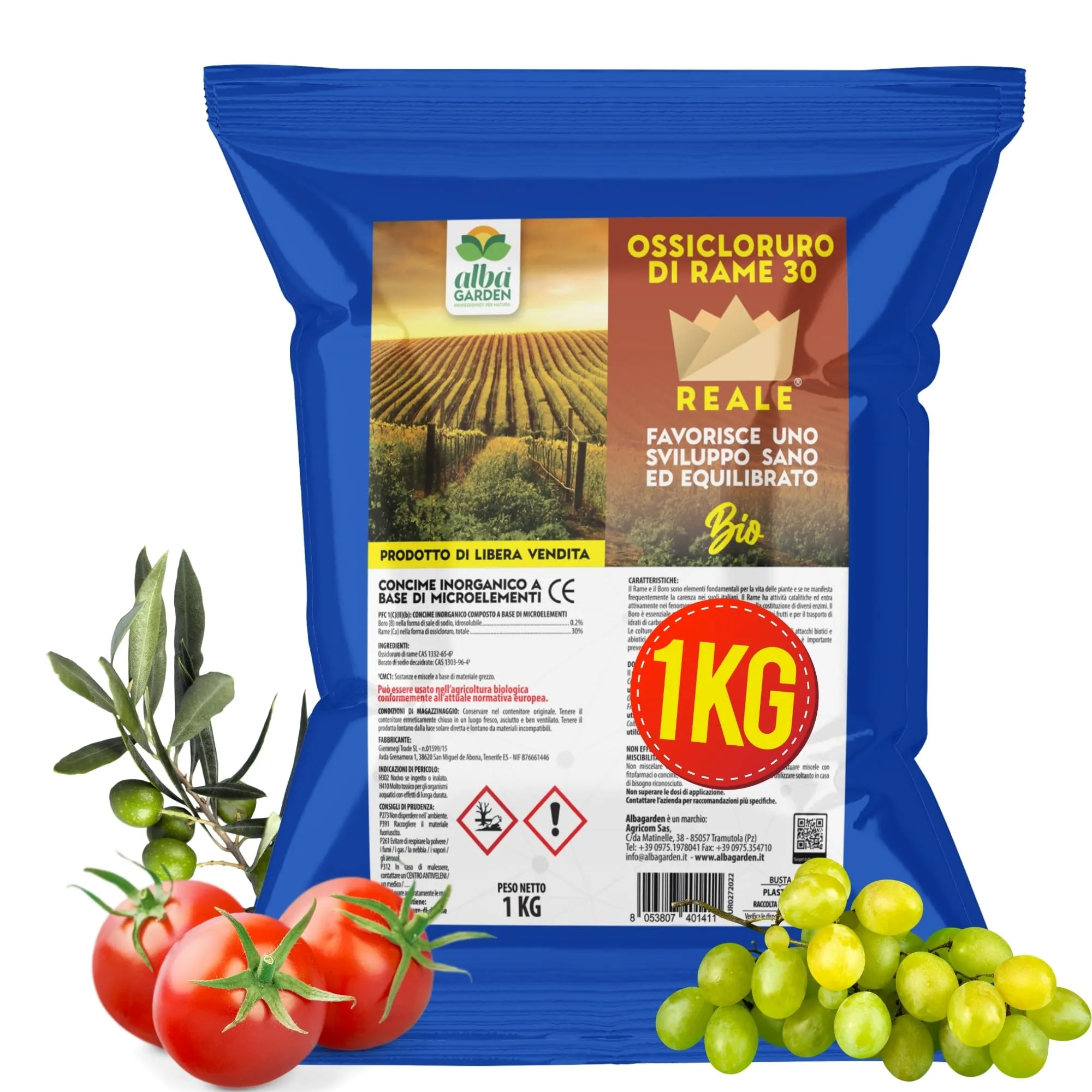 Albagarden - Ossicloruro Di Rame 30% + Boro - Verderame Per Piante, Concime effetto Fungicida per Piante - Contro Malattie Peronospora, Bolla del Pesco, Oidio - Polvere Bagnabile Biologica x 1 kg