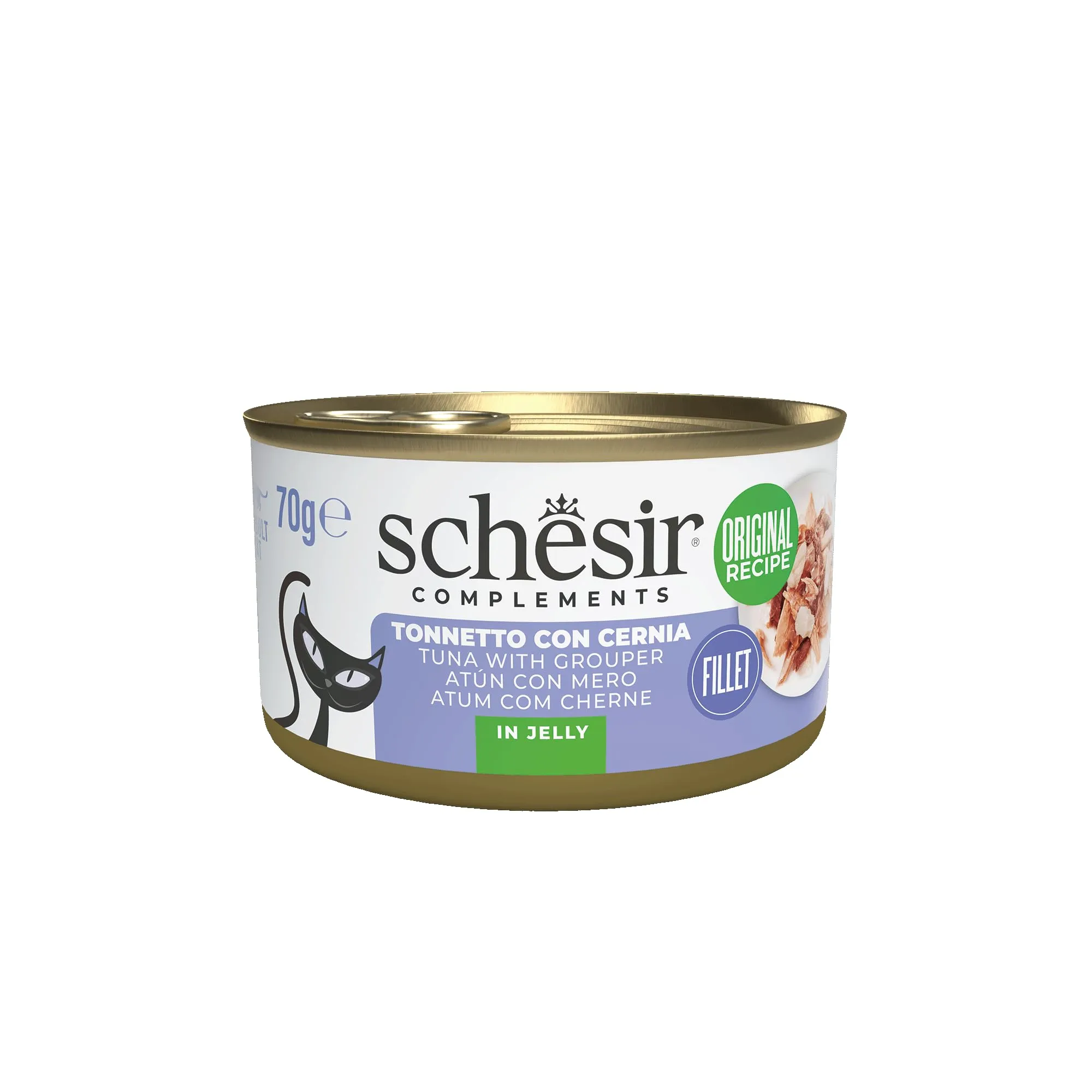 Schesir, Filetti di Tonno con Cernia in Gelatina, Cibo Umido Complementare per Gatti, Ricetta Originale, 100% Naturale, 12 lattine da 70g