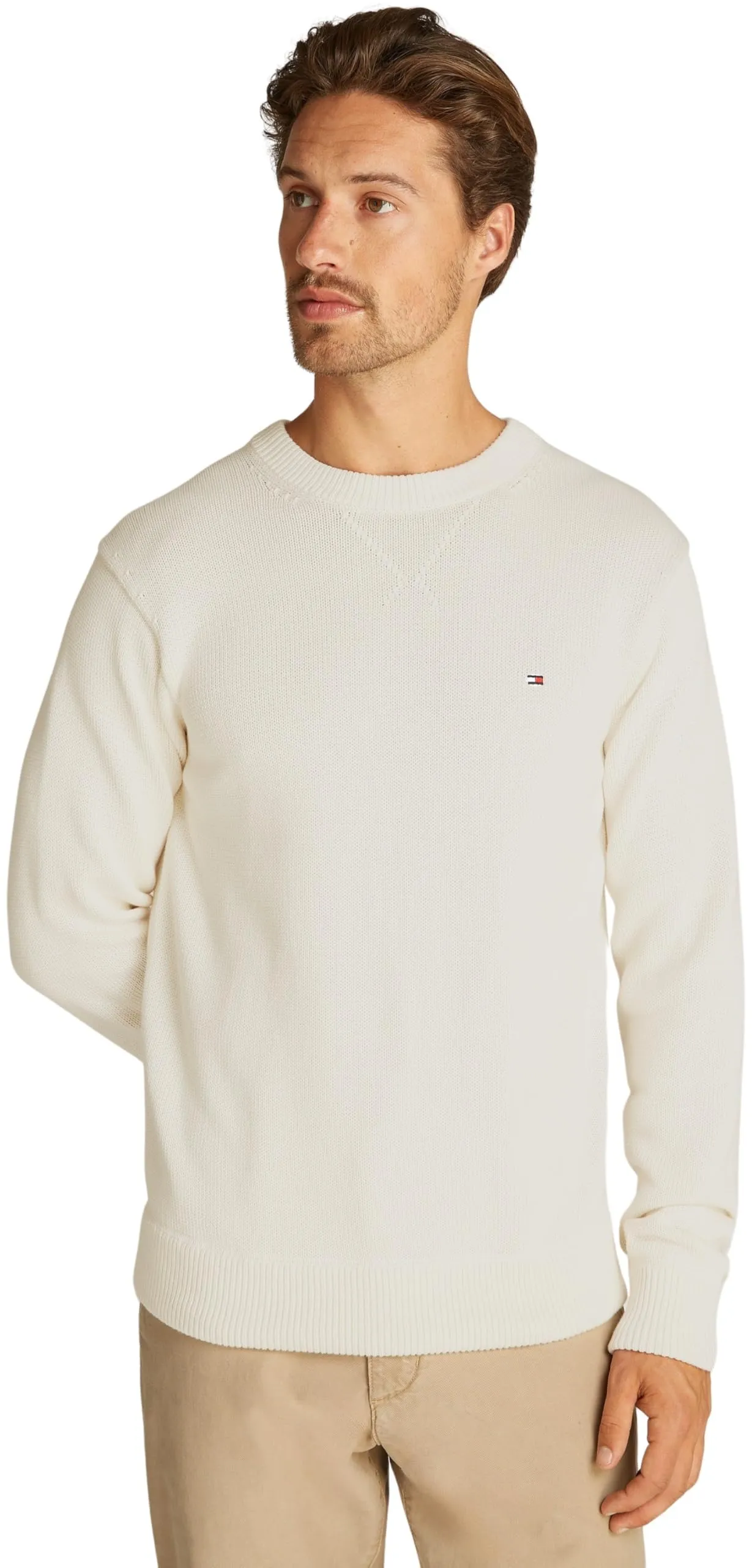 Tommy Hilfiger Uomo Pullover Chunky Cotton Crew Neck Pullover in Maglia, Avorio (Ivory Petal), XL