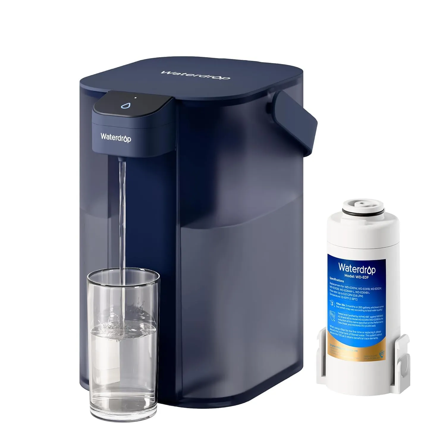 Waterdrop Filtro dell'acqua elettrico istantaneo, 3,5 l, 3 mesi, sistema di filtraggio dell'acqua potabile, riduce cloro, piombo, mercurio, PFAS, PFOA/PFOS, blu (non riduce TDS)