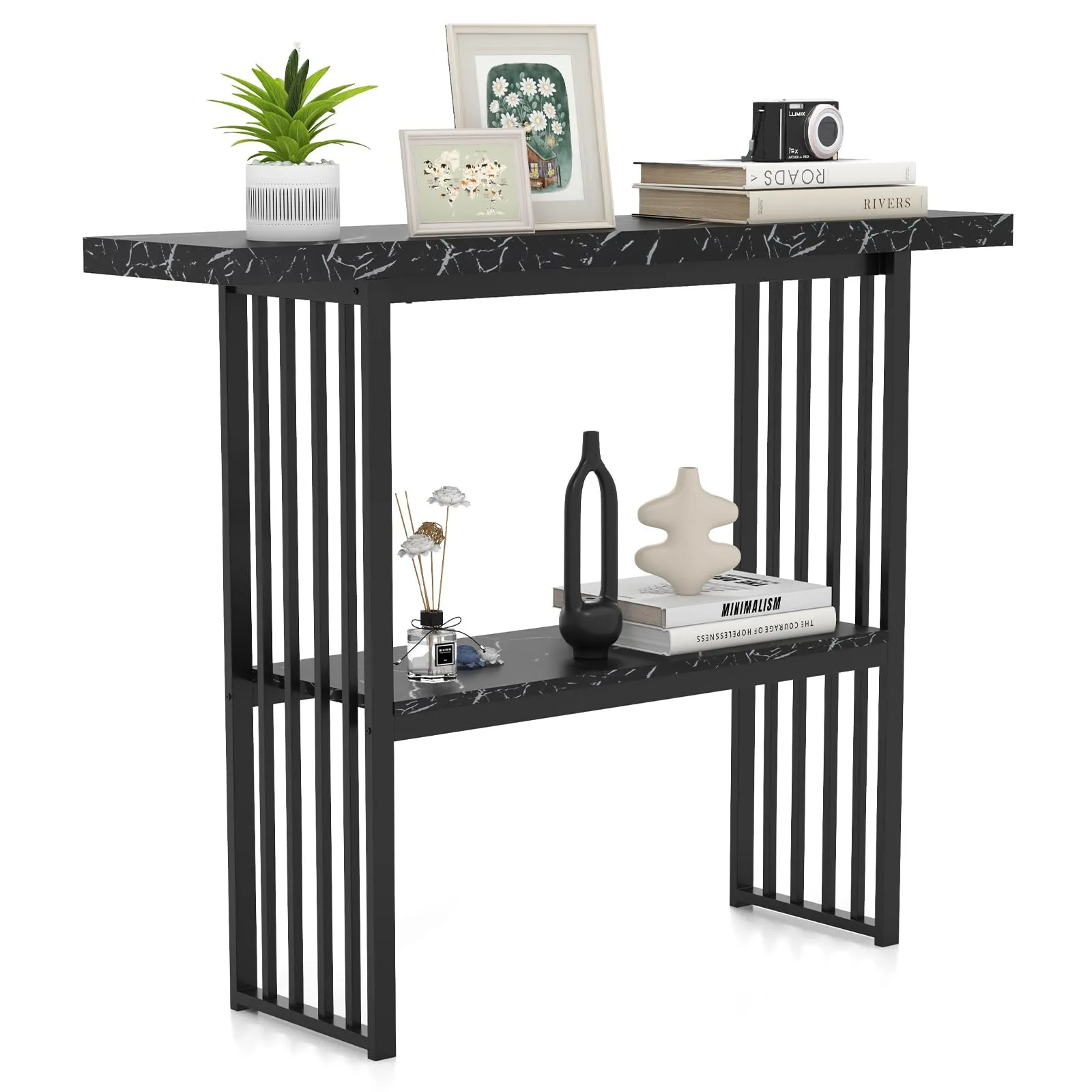 COSTWAY Tavolo da Ingresso Stretto e Compatto, Tavolo da Divano in Finto Marmo con Struttura in Acciaio, Consolle Moderno per Salotto e Corridoio, 120 x 29,5 x 92,5 cm (Nero)