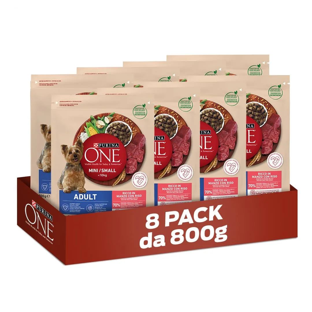 PURINA ONE Mini Crocchette Cane Adult Ricco in Manzo, con Riso, Per Cani Fino A 10 Kg - 8 Sacchi da 800 g Ciascuno
