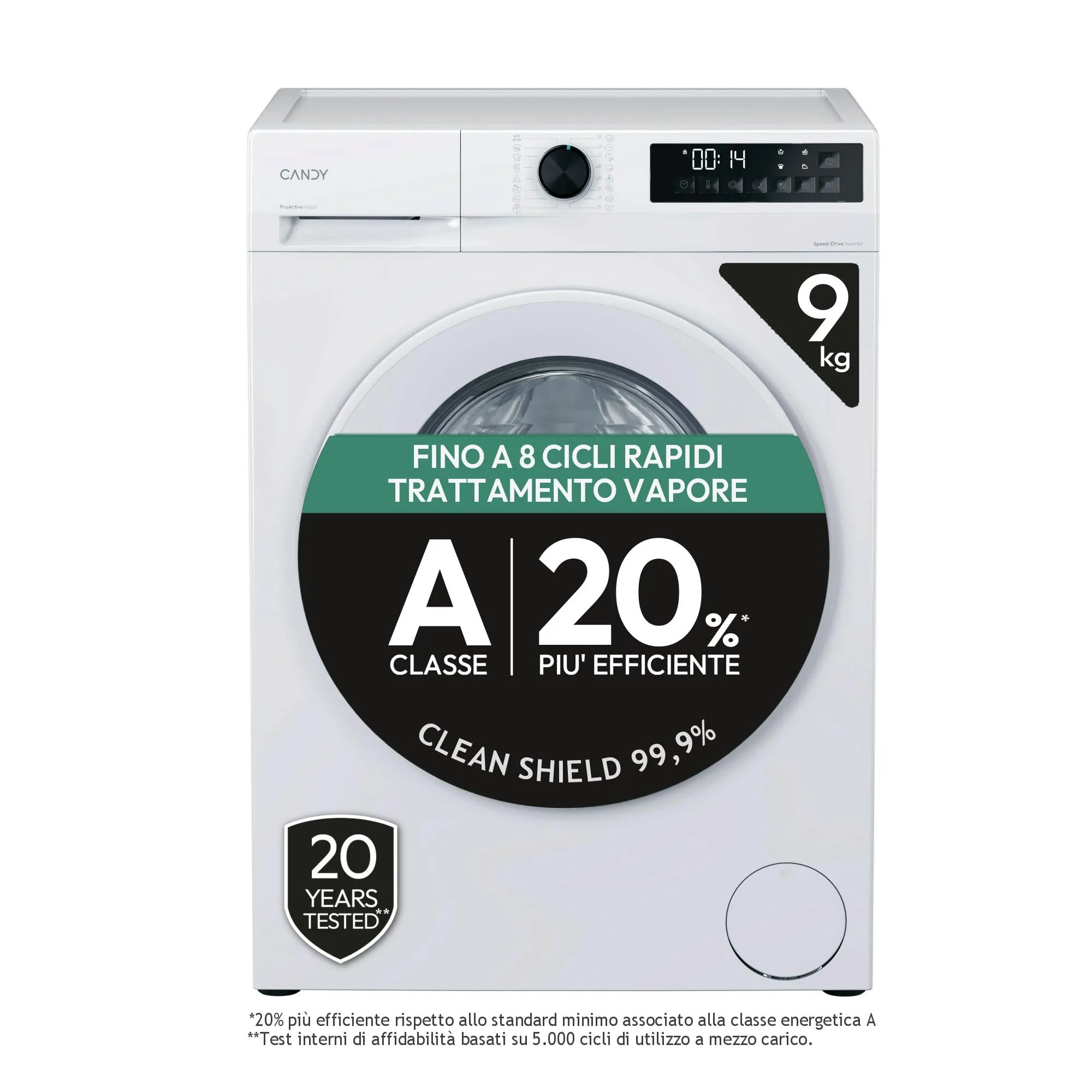 Candy ProWash 300 GD 498-S, Lavatrice Carica Frontale, 9KG Classe A, 1400 giri, 16 Programmi, 8 Cicli Rapidi, Trattamento Vapore, Motore Silent Inverter, Bianco [Classe di efficienza energetica A]