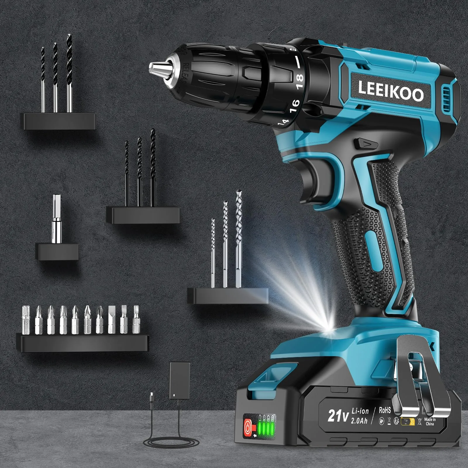 Trapano Avvitatore Batteria 21V, LEEIKOO Avvitatore Elettrico con Batteria da 2.0Ah, 42N.m di Coppia, 2 Velocità, 18+1 Coppia, 20 Accessori, Luce a LED, Per il fai da te, in Casa e Giardino