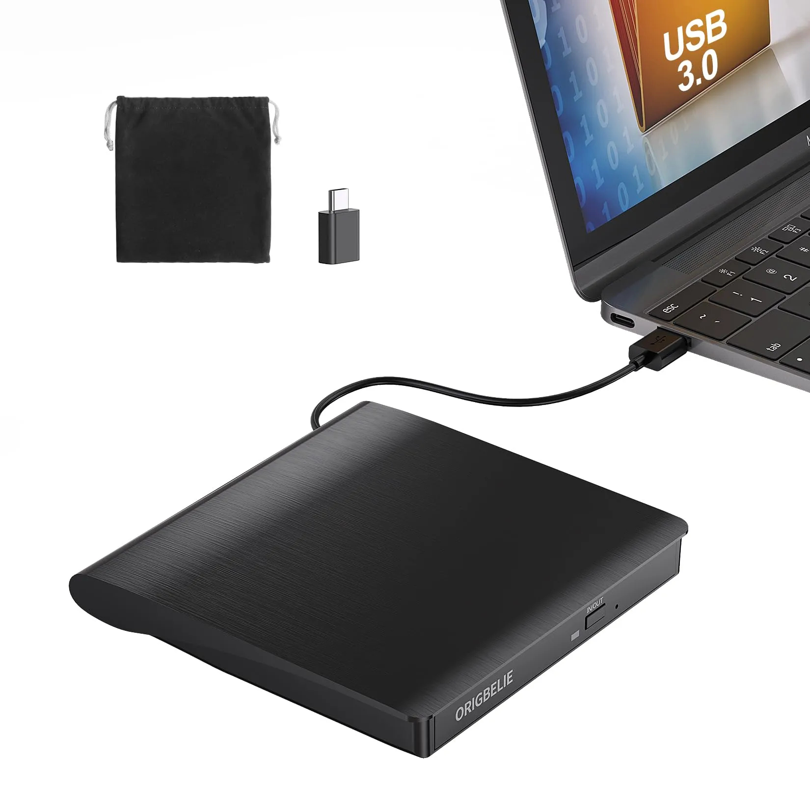 ORIGBELIE Masterizzatore DVD Esterno, Ultra Magro USB 3.0 Type-C CD/DVD +/-RW Drive, Plug & Play Lettore CD Esterno per PC Portatile Desktop Macbook Air/Pro Windows 11/10/8/7/XP Vista Linux Mac OS